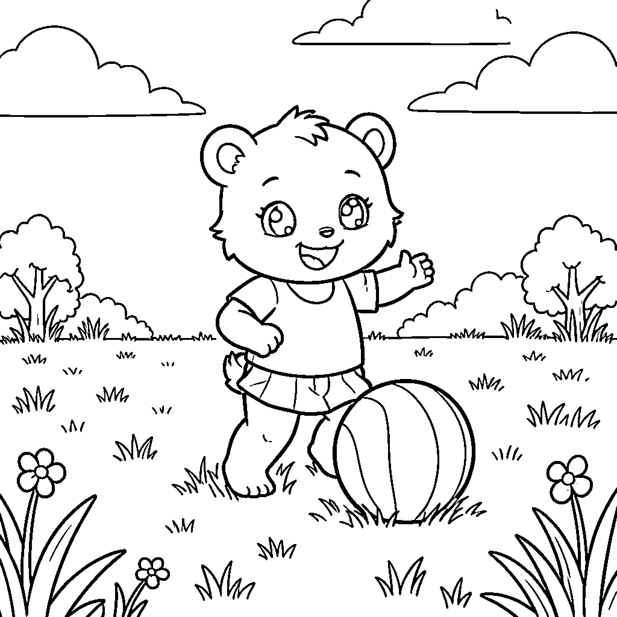 Bola the bear cub playing in the field Coloring Page (free black-and-white line drawing printable PDF for all, from beginners to advanced learners, including children, teens, adults, and seniors)