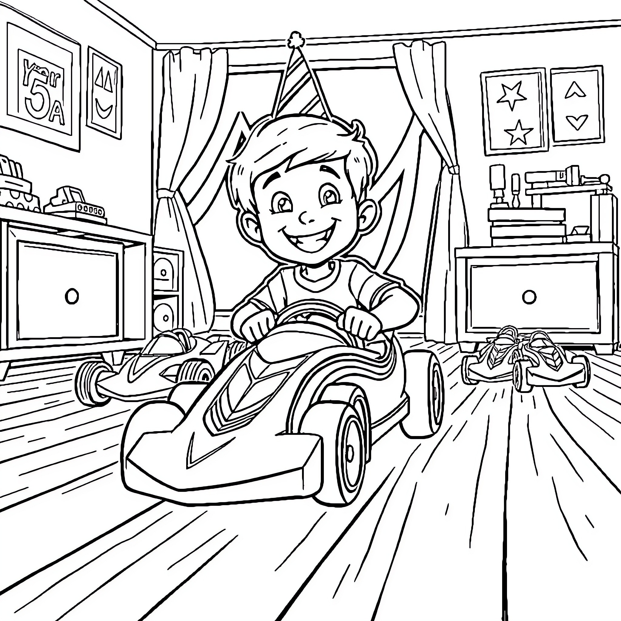 Boy playing happily with toy race car in his bedroom Coloring Page (free black-and-white line drawing printable PDF for all, from beginners to advanced learners, including children, teens, adults, and seniors)