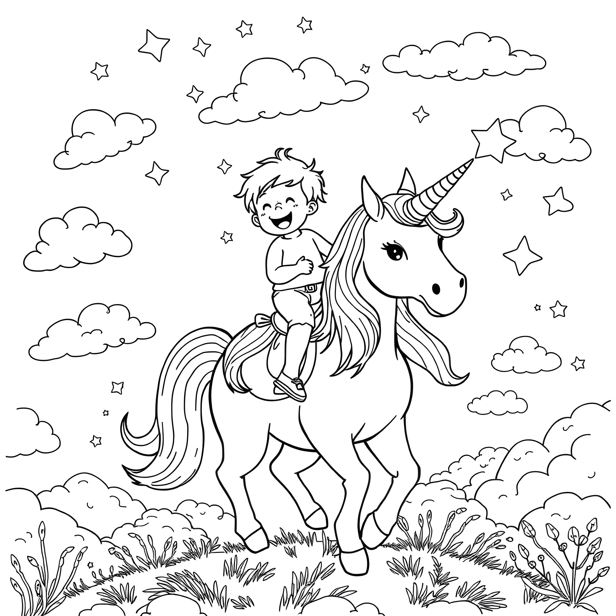 Child riding a magical unicorn among clouds Coloring Page (free black-and-white line drawing printable PDF for all, from beginners to advanced learners, including children, teens, adults, and seniors)