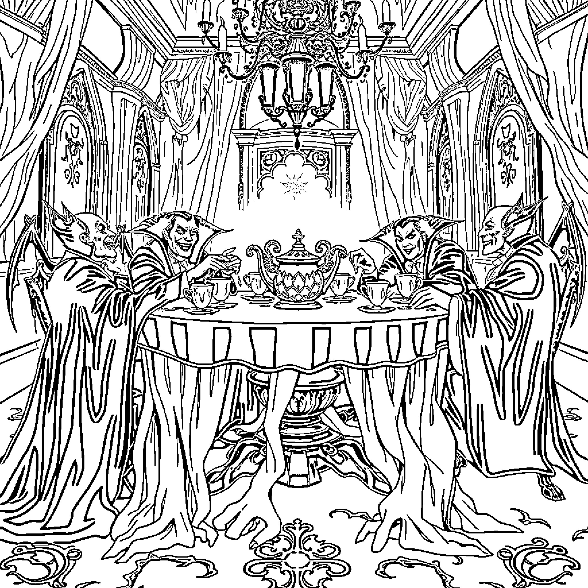 Vampire Lords Feasting in Lavish Banquet Hall Coloring Page (free black-and-white line drawing printable PDF for all, from beginners to advanced learners, including children, teens, adults, and seniors)