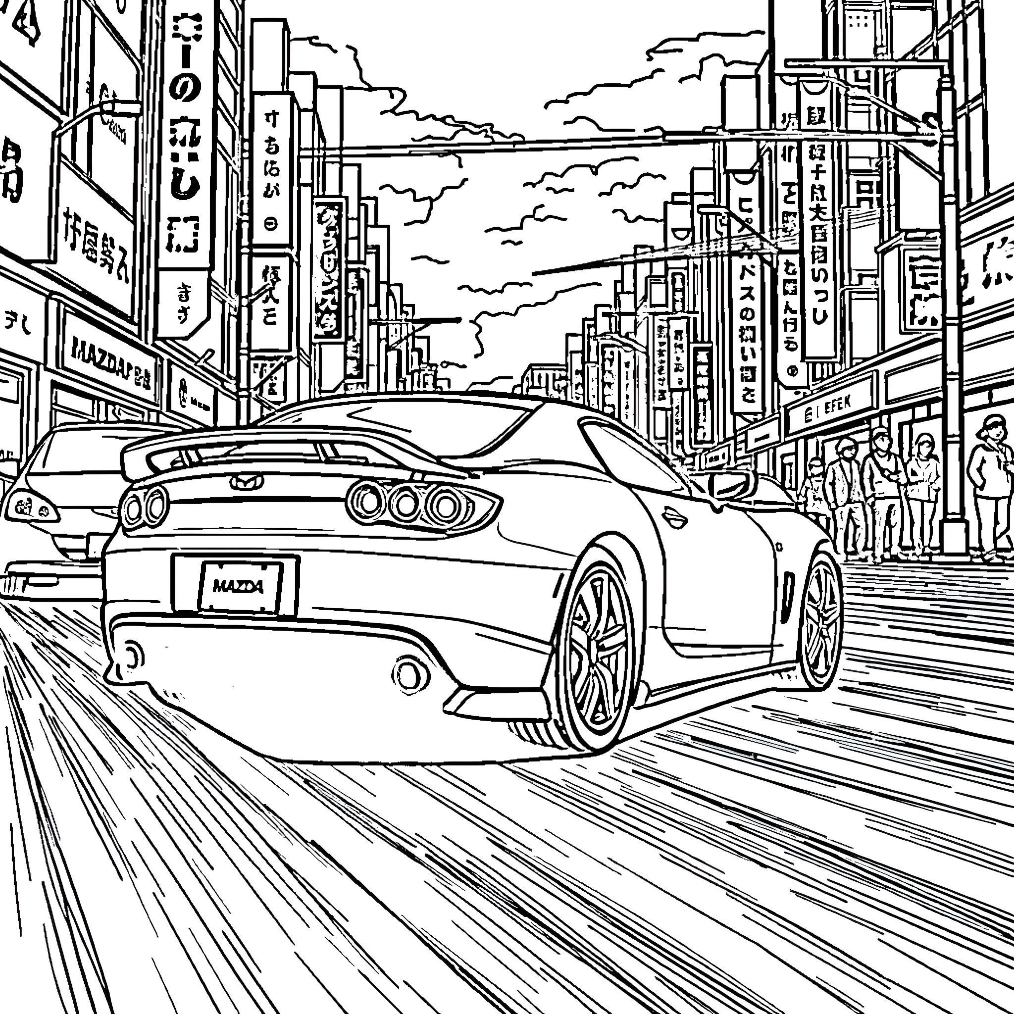 Mazda Rx-8 speeding through the city streets Coloring Page (free black-and-white line drawing printable PDF for all, from beginners to advanced learners, including children, teens, adults, and seniors)