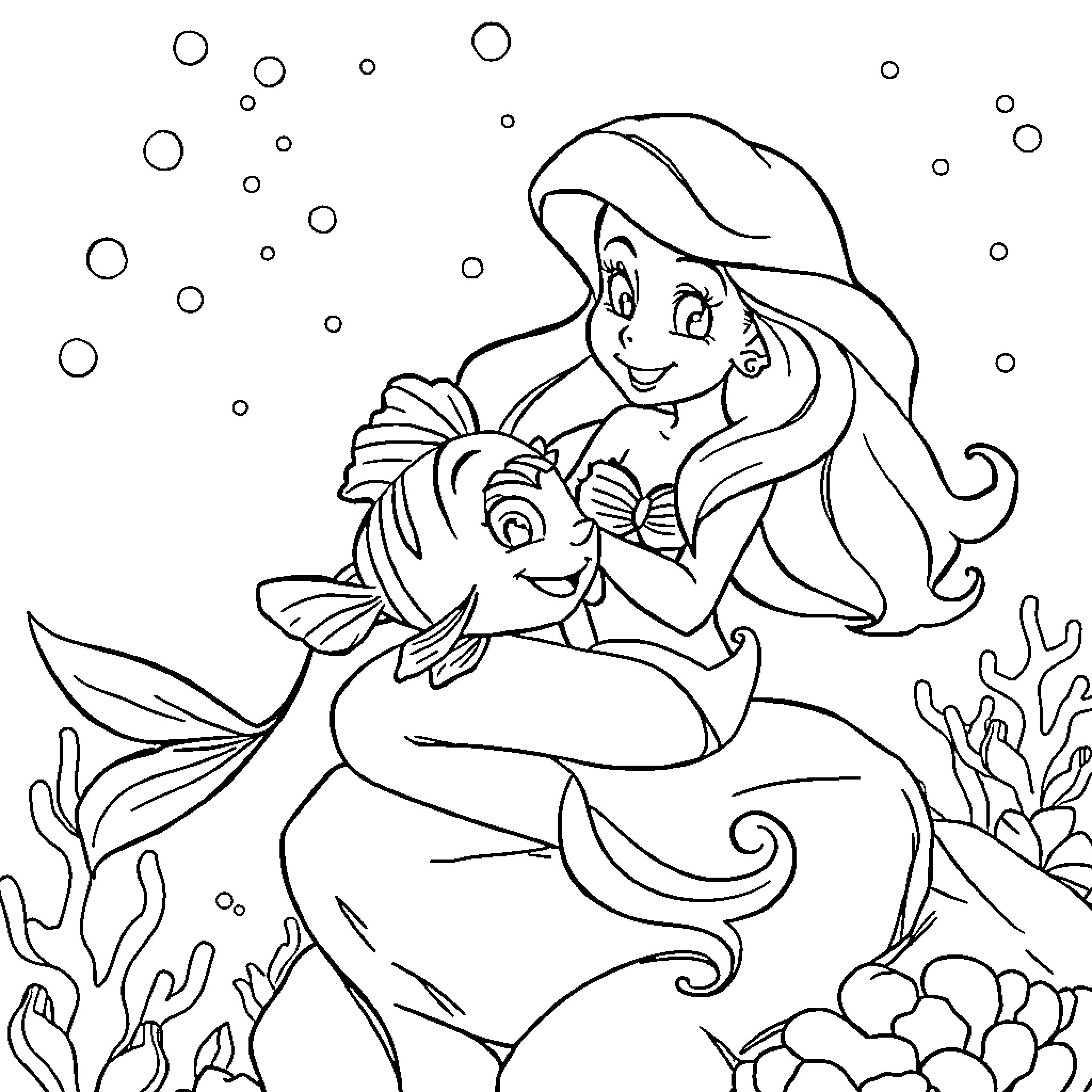 Ariel and Flounder exploring the underwater world Coloring Page (free black-and-white line drawing printable PDF for all, from beginners to advanced learners, including children, teens, adults, and seniors)