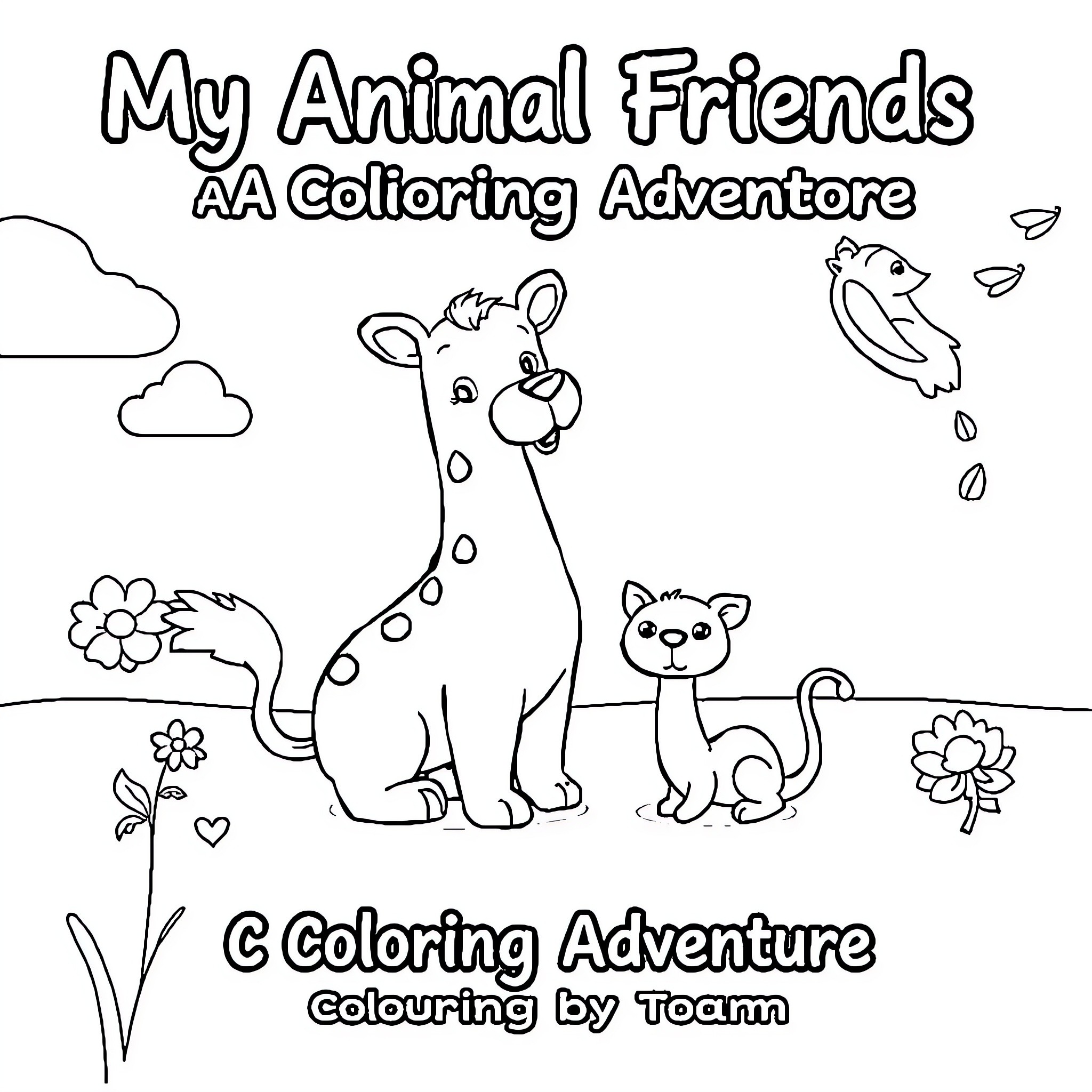 Animal Friends Having a Coloring Adventure Coloring Page (free black-and-white line drawing printable PDF for all, from beginners to advanced learners, including children, teens, adults, and seniors)