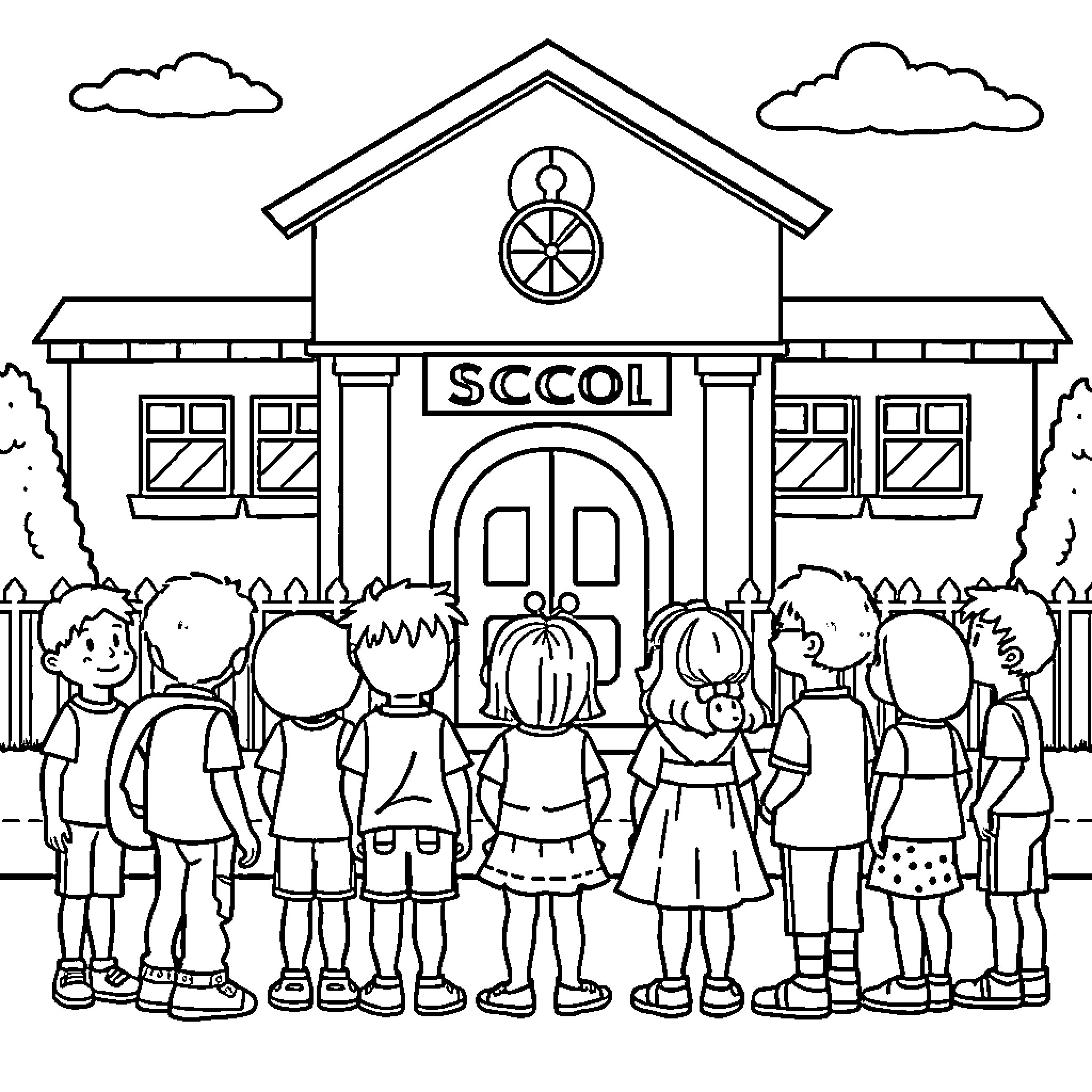 Kid students waiting outside school building Coloring Page (free black-and-white line drawing printable PDF for all, from beginners to advanced learners, including children, teens, adults, and seniors)