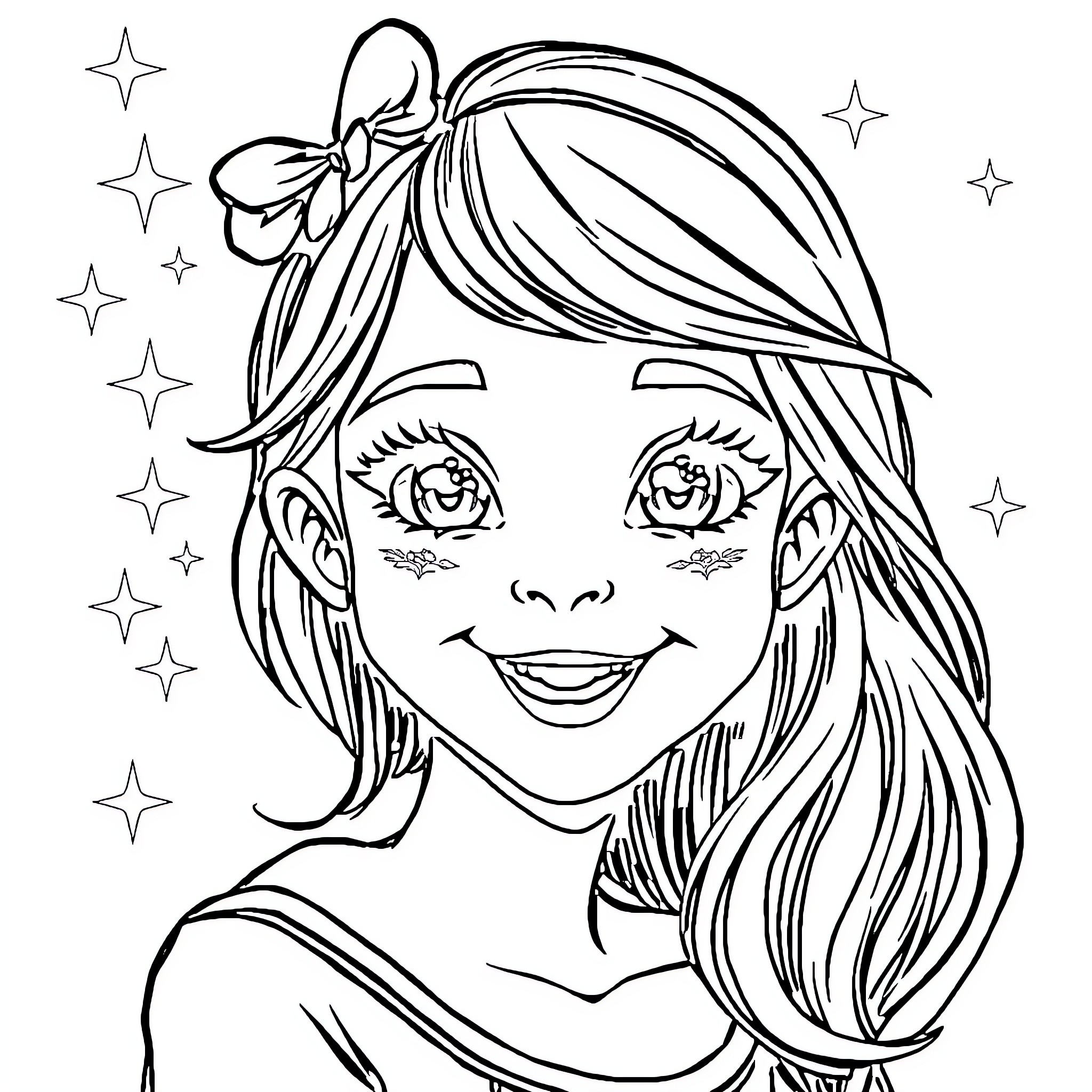 Ange's Joyful Expressions in Starry Delight Coloring Page (free black-and-white line drawing printable PDF for all, from beginners to advanced learners, including children, teens, adults, and seniors)
