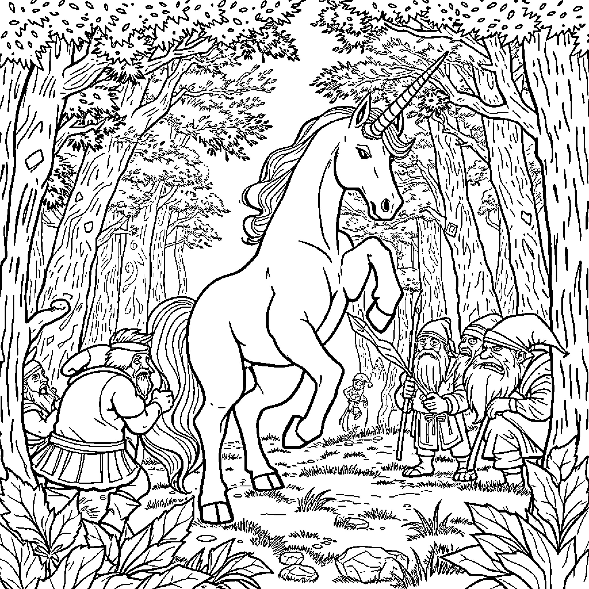 Unicorn in Enchanted Forest with Magical Creatures Coloring Page (free black-and-white line drawing printable PDF for all, from beginners to advanced learners, including children, teens, adults, and seniors)