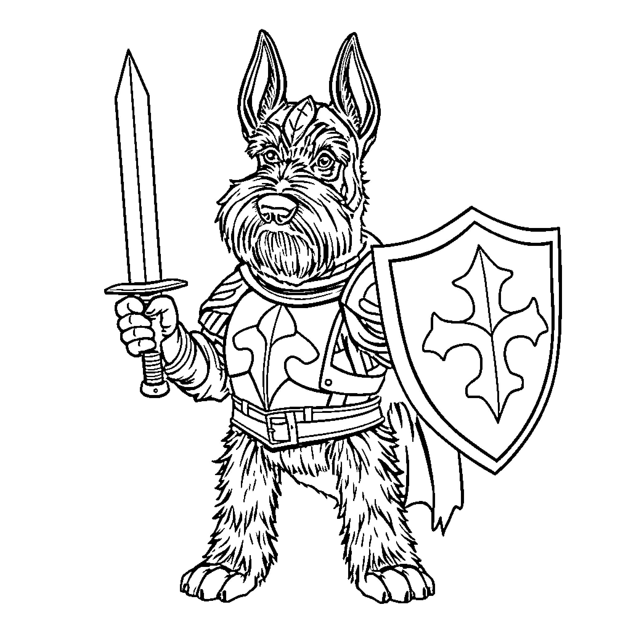 Schnauzer knight wielding sword and shield Coloring Page (free black-and-white line drawing printable PDF for all, from beginners to advanced learners, including children, teens, adults, and seniors)