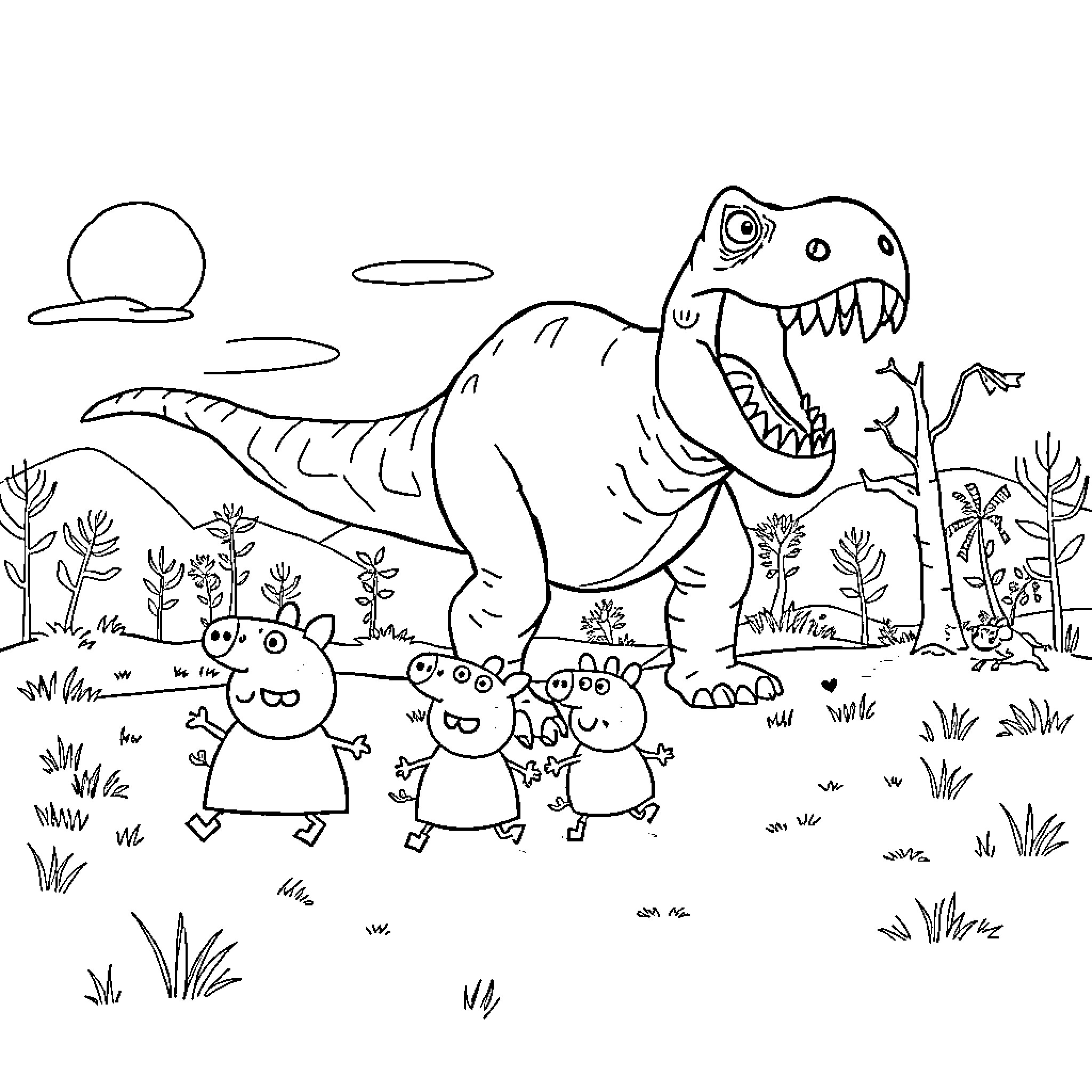 Dinosaur roaring over cartoon characters in the wild Coloring Page (free black-and-white line drawing printable PDF for all, from beginners to advanced learners, including children, teens, adults, and seniors)