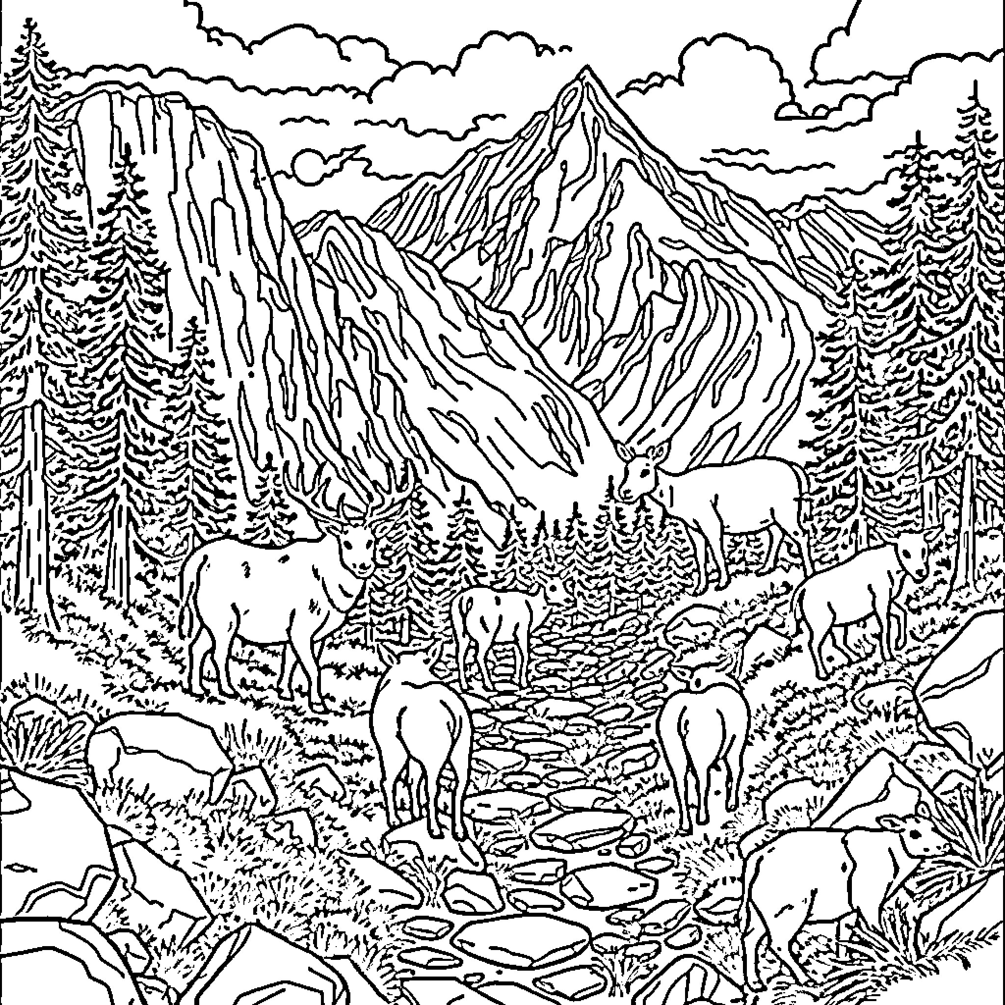 Animal grazing peacefully in the mountainous landscape Coloring Page (free black-and-white line drawing printable PDF for all, from beginners to advanced learners, including children, teens, adults, and seniors)