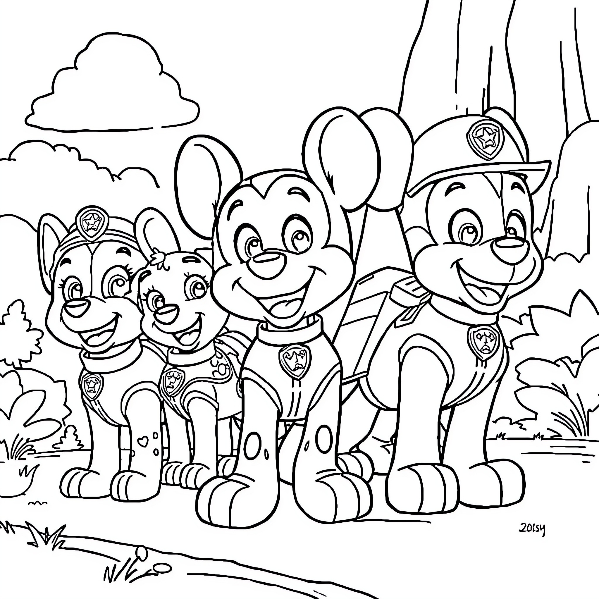 Paw Patrol Team in Playful Adventure Coloring Page (free black-and-white line drawing printable PDF for all, from beginners to advanced learners, including children, teens, adults, and seniors)