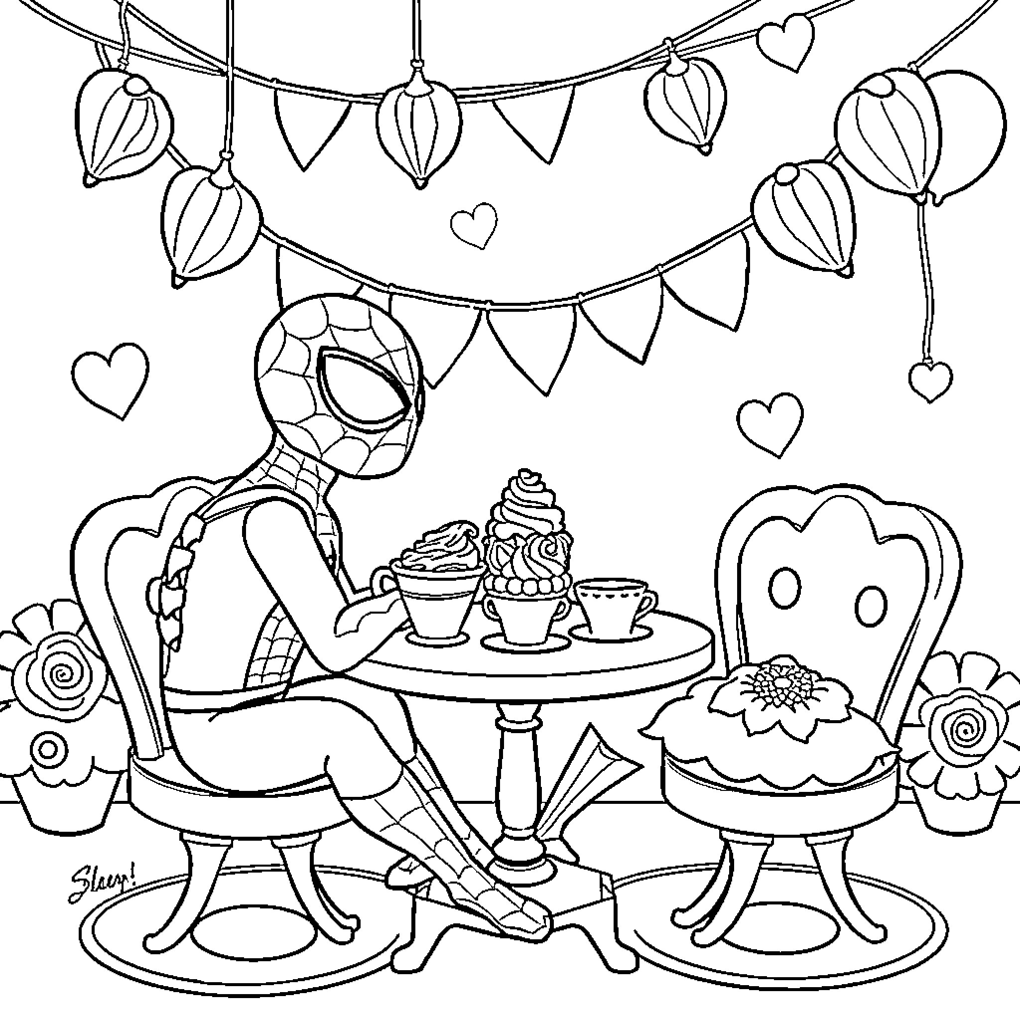 Spiderman enjoys tea time with sweets and decorations Coloring Page (free black-and-white line drawing printable PDF for all, from beginners to advanced learners, including children, teens, adults, and seniors)
