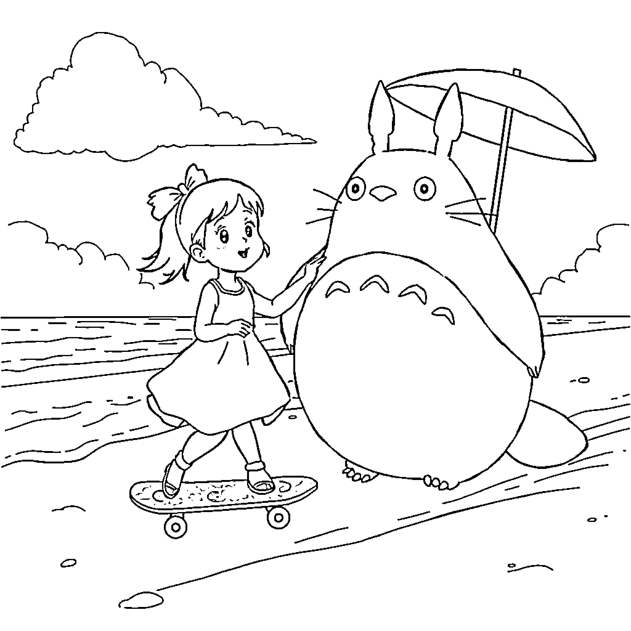 Kiki and Totoro enjoy a day at the beach Coloring Page (free black-and-white line drawing printable PDF for all, from beginners to advanced learners, including children, teens, adults, and seniors)