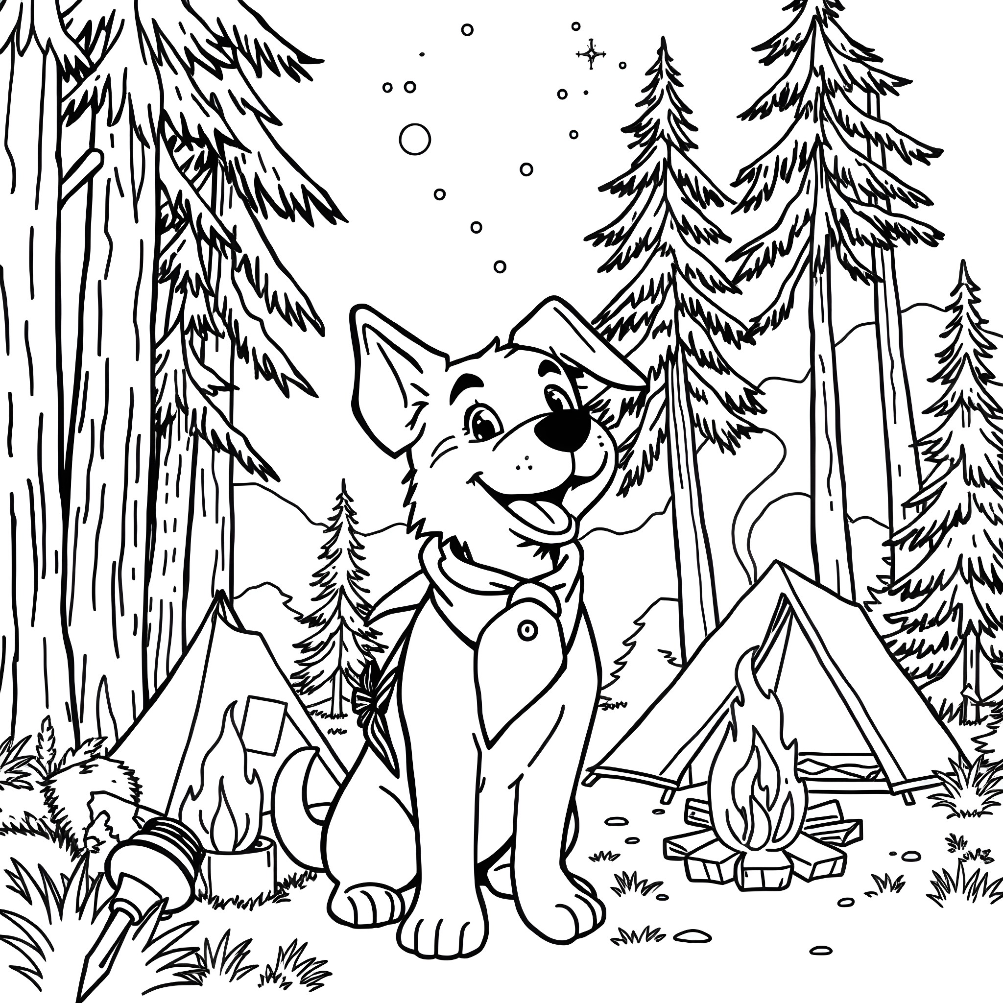 Dog exploring the snowy forest campsite Coloring Page (free black-and-white line drawing printable PDF for all, from beginners to advanced learners, including children, teens, adults, and seniors)