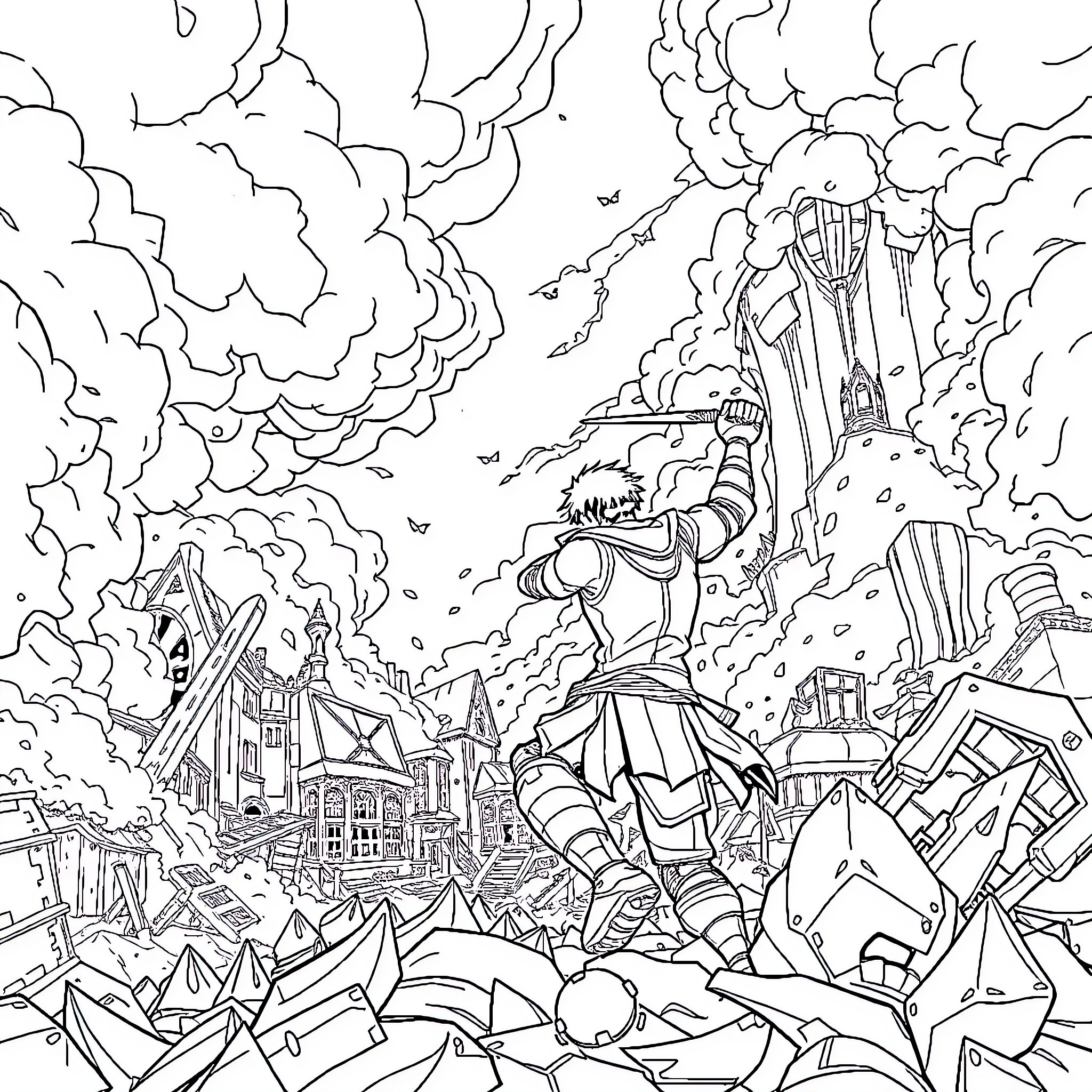 Eren Jaeger's Fierce Battle Amidst Destruction Coloring Page (free black-and-white line drawing printable PDF for all, from beginners to advanced learners, including children, teens, adults, and seniors)