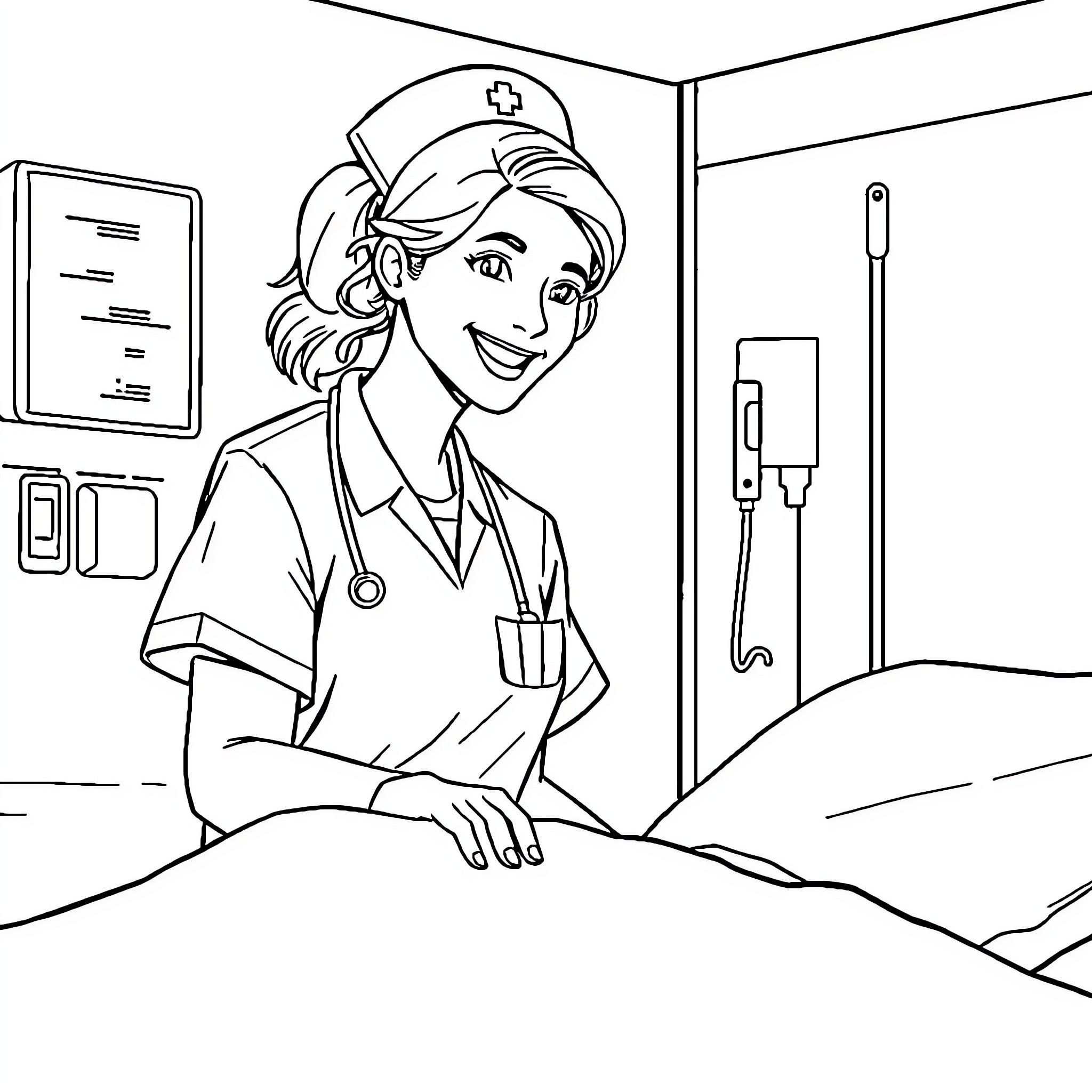 Nurse caring for patient in hospital room Coloring Page (free black-and-white line drawing printable PDF for all, from beginners to advanced learners, including children, teens, adults, and seniors)