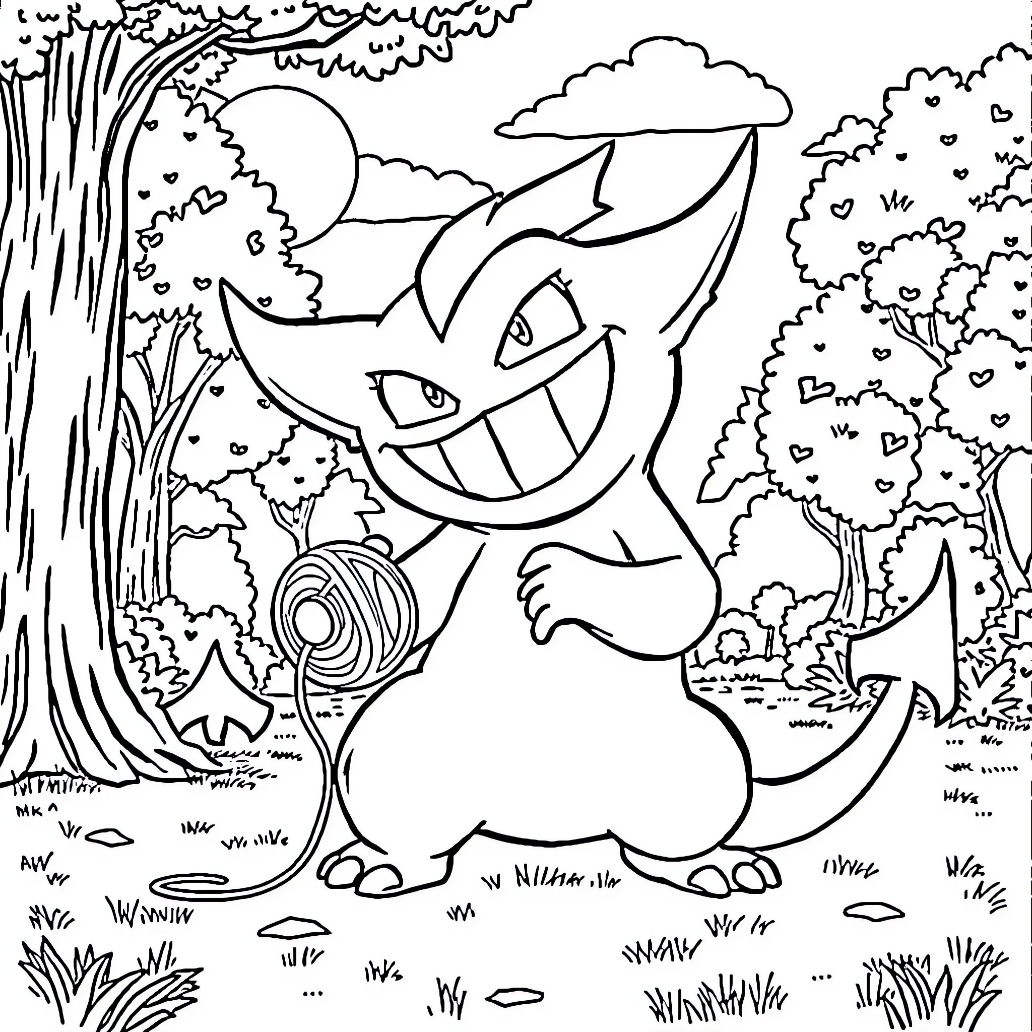 Gengar's Spooky Adventure in the Enchanted Forest Coloring Page (free black-and-white line drawing printable PDF for all, from beginners to advanced learners, including children, teens, adults, and seniors)