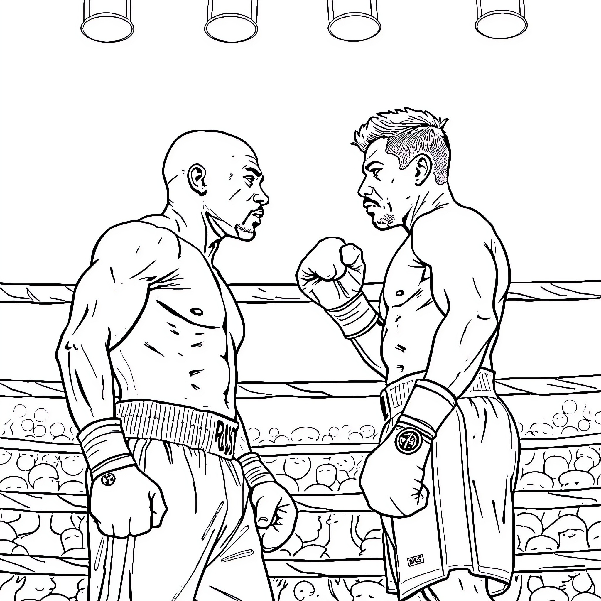 Boxing match with intense facial expressions Coloring Page (free black-and-white line drawing printable PDF for all, from beginners to advanced learners, including children, teens, adults, and seniors)