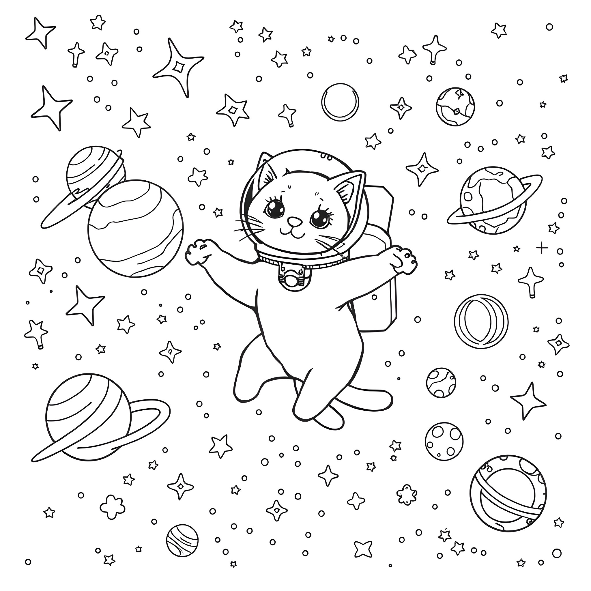 Cat Astronaut Exploring Celestial Universe Coloring Page (free black-and-white line drawing printable PDF for all, from beginners to advanced learners, including children, teens, adults, and seniors)