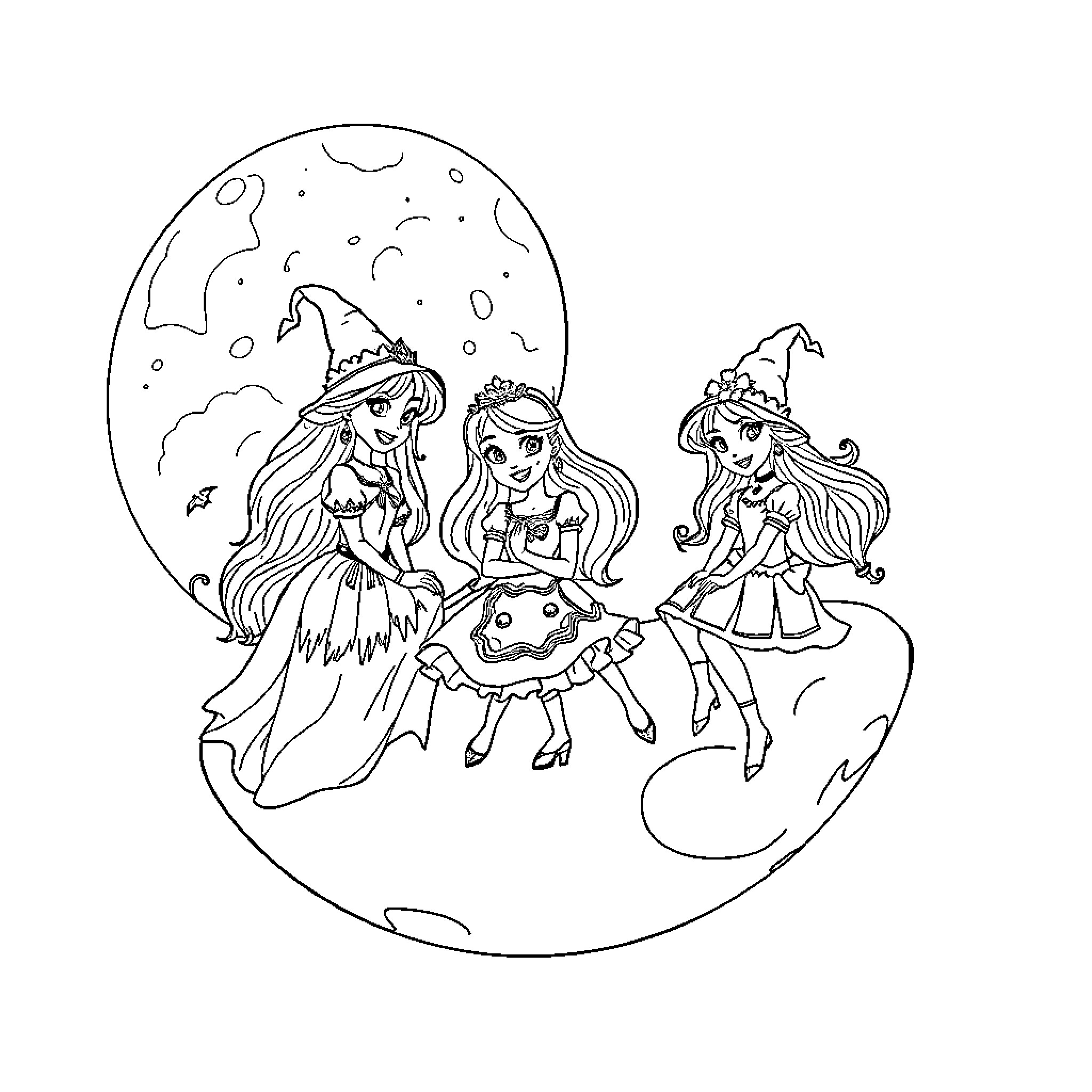 Princess Trio Enjoying Moonlit Night Together Coloring Page (free black-and-white line drawing printable PDF for all, from beginners to advanced learners, including children, teens, adults, and seniors)
