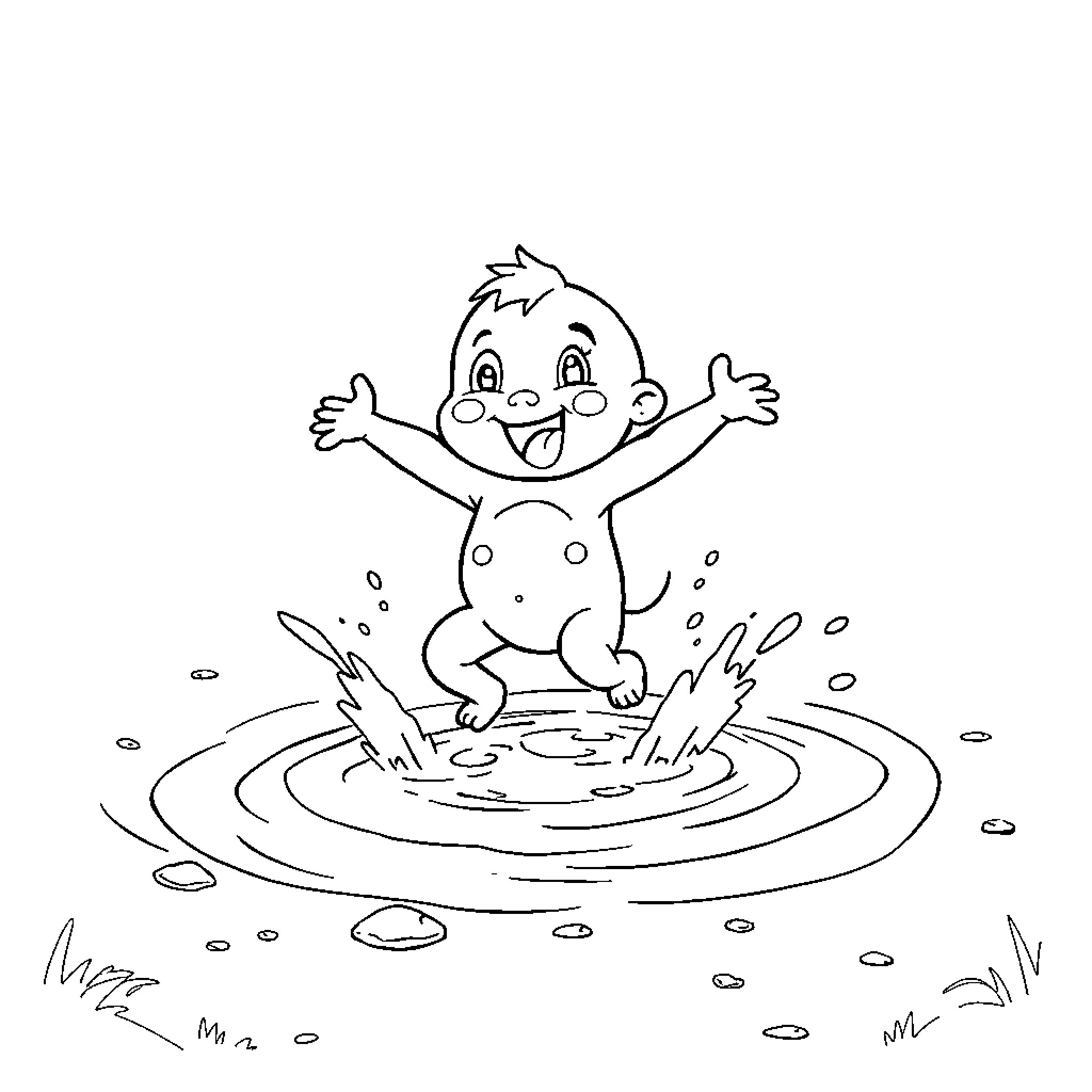 Labubu having fun in a puddle Coloring Page (free black-and-white line drawing printable PDF for all, from beginners to advanced learners, including children, teens, adults, and seniors)