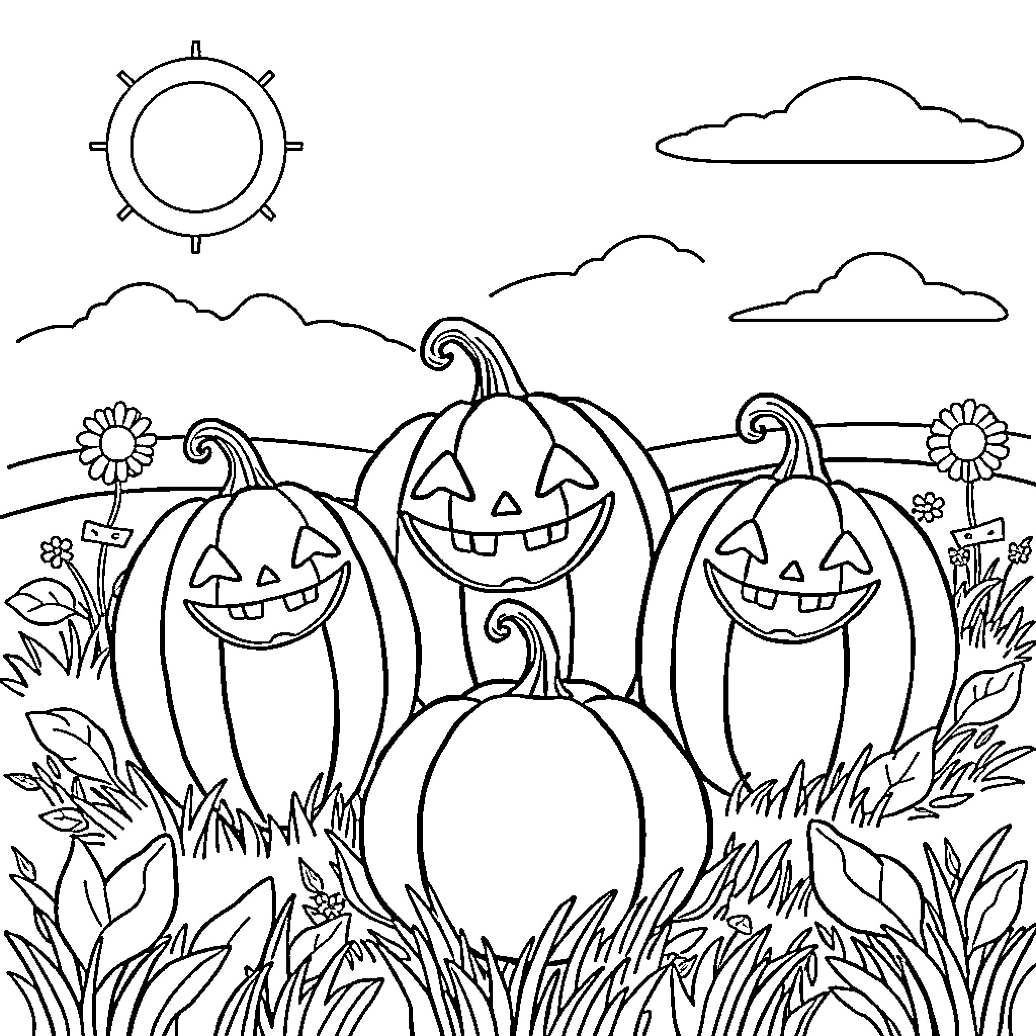 Pumpkin patch with cheerful carved pumpkins Coloring Page (free black-and-white line drawing printable PDF for all, from beginners to advanced learners, including children, teens, adults, and seniors)