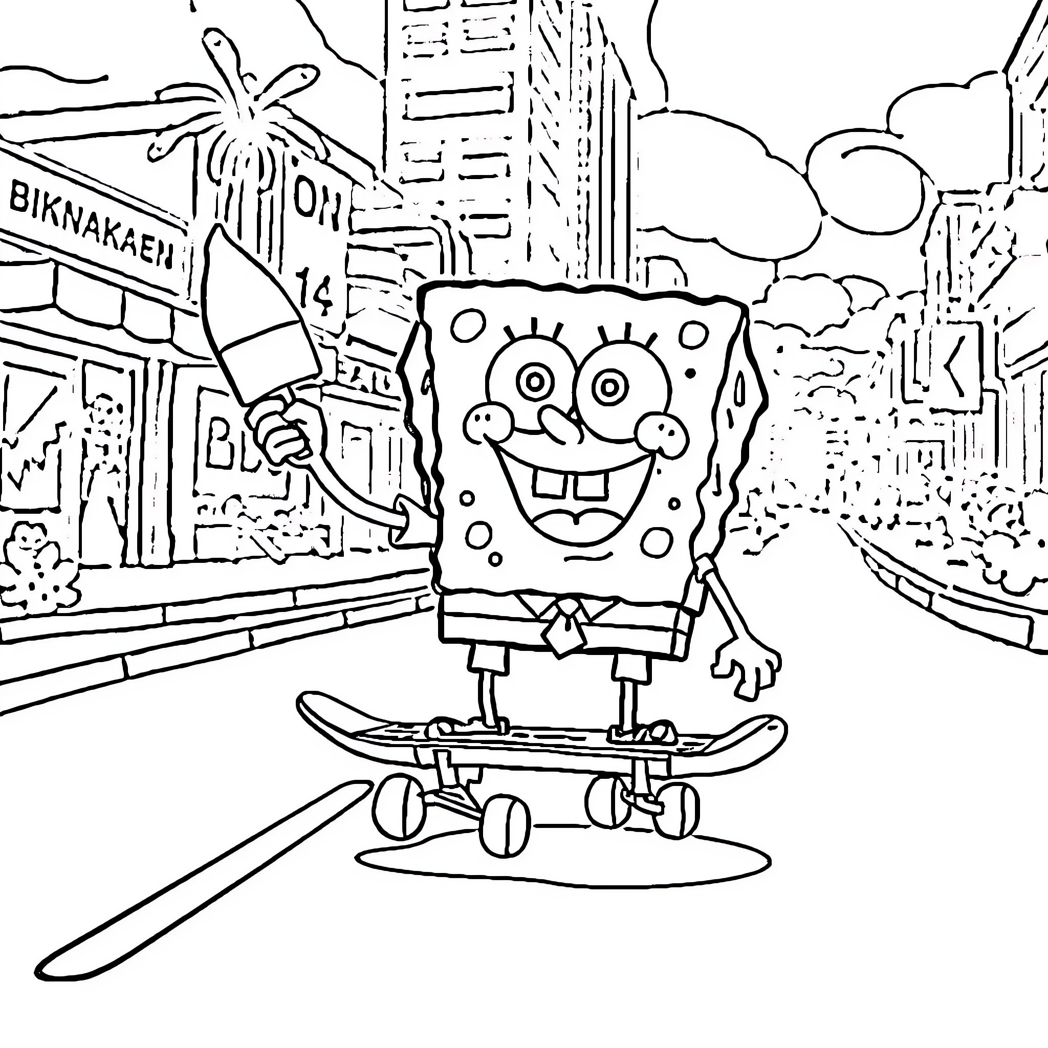 Spongebob skateboarding in the city Coloring Page (free black-and-white line drawing printable PDF for all, from beginners to advanced learners, including children, teens, adults, and seniors)