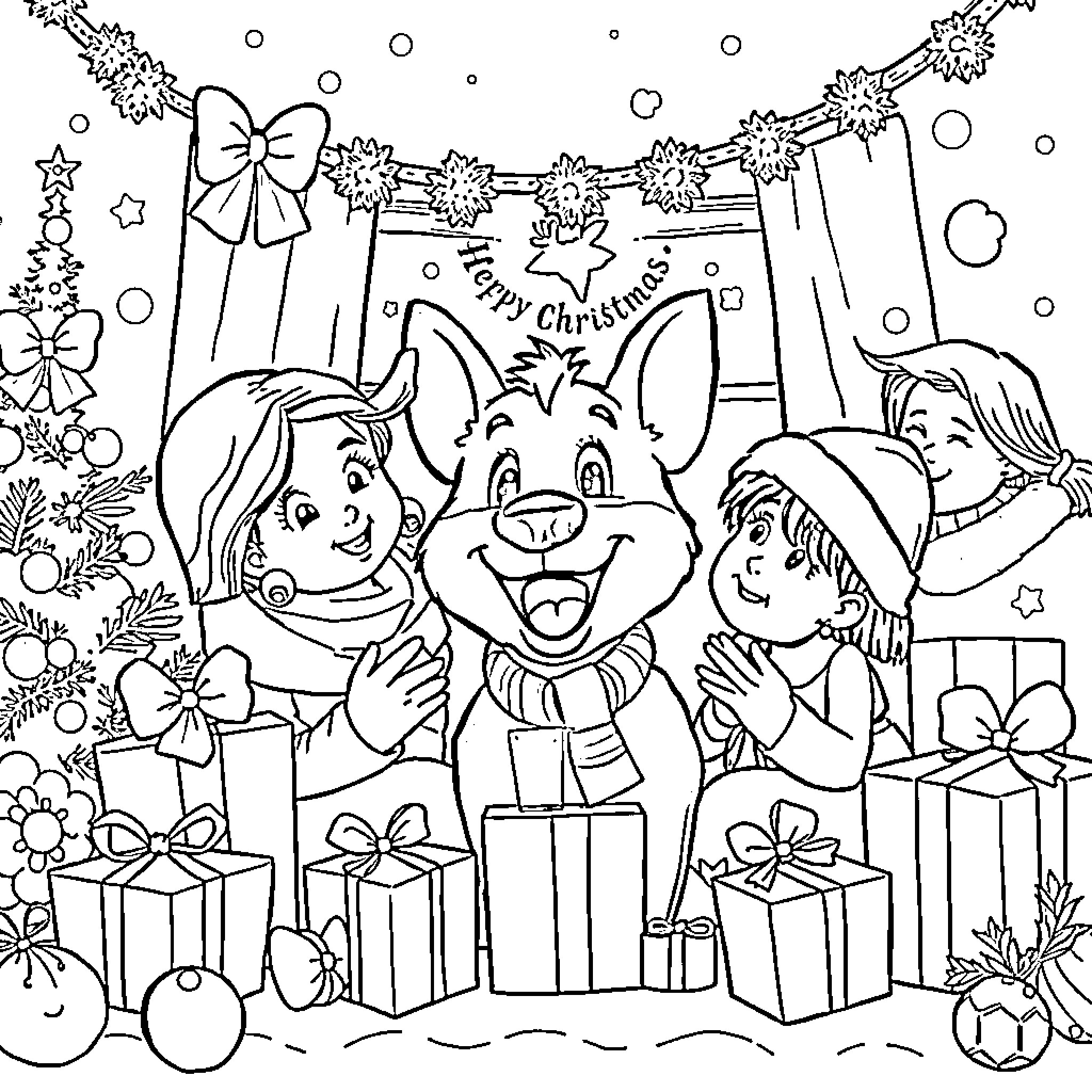 Bluey and friends celebrate a joyful Christmas Coloring Page (free black-and-white line drawing printable PDF for all, from beginners to advanced learners, including children, teens, adults, and seniors)