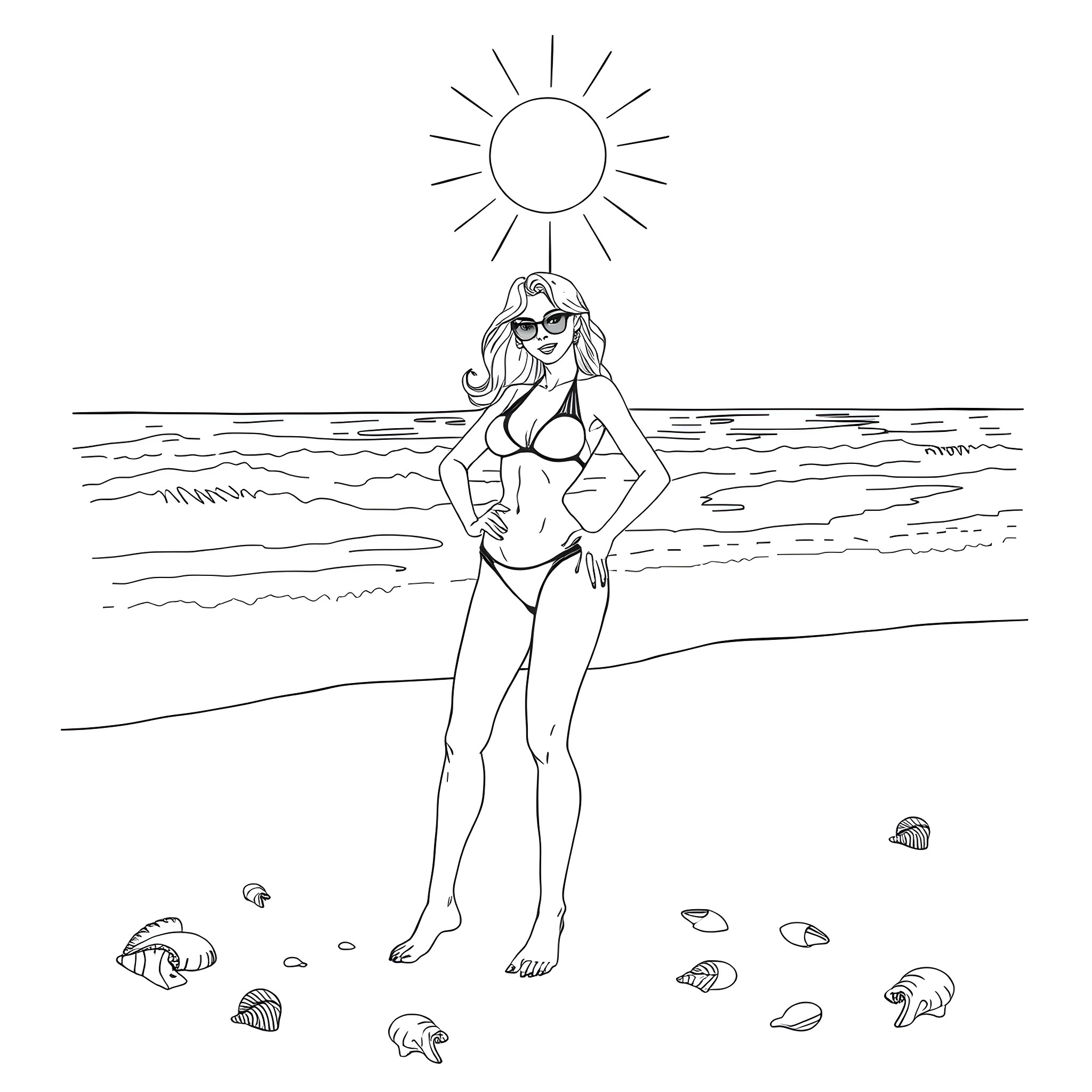 Chick standing on the beach under the sun Coloring Page (free black-and-white line drawing printable PDF for all, from beginners to advanced learners, including children, teens, adults, and seniors)
