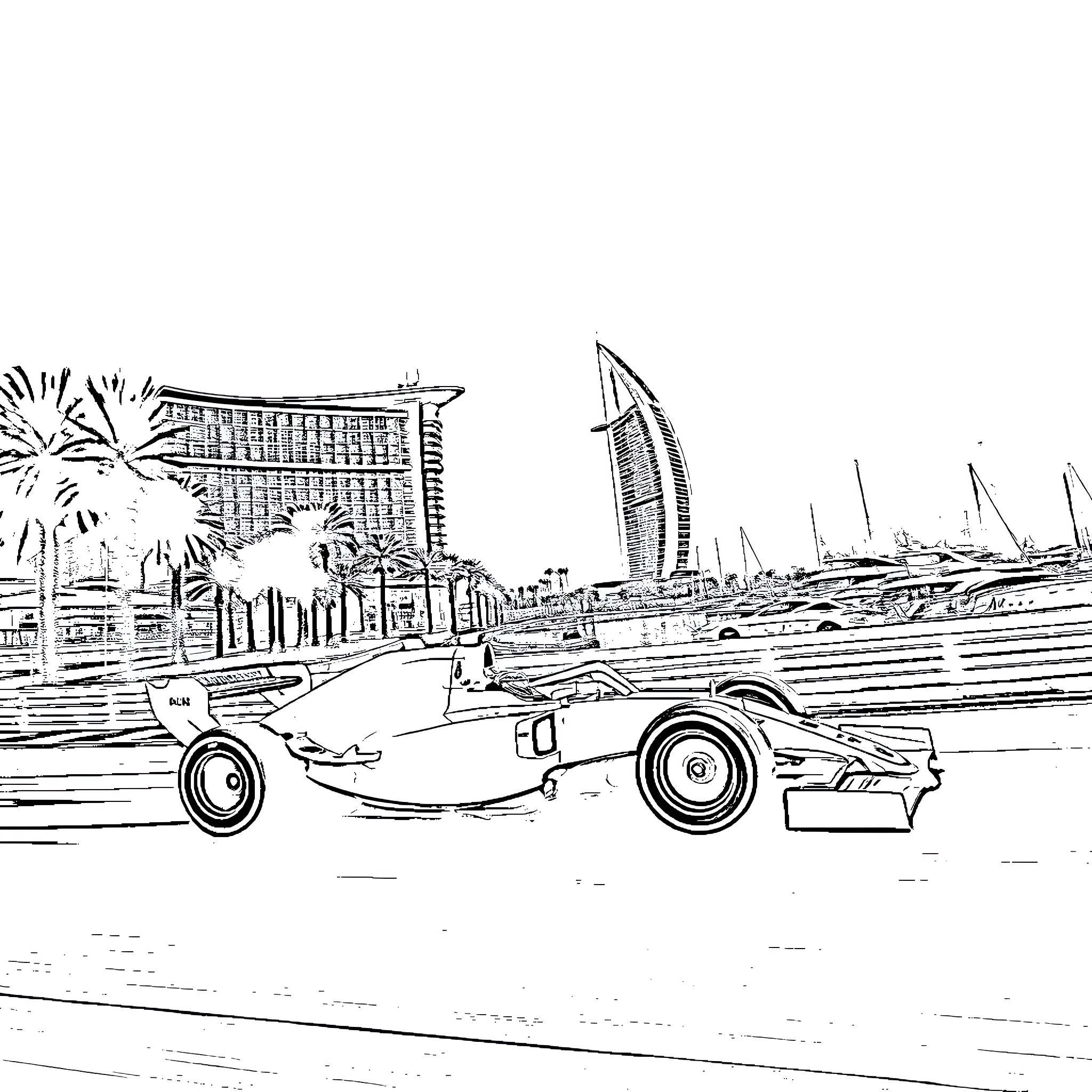 Formula 1 Racing Cars in Coastal City Setting Coloring Page (free black-and-white line drawing printable PDF for all, from beginners to advanced learners, including children, teens, adults, and seniors)