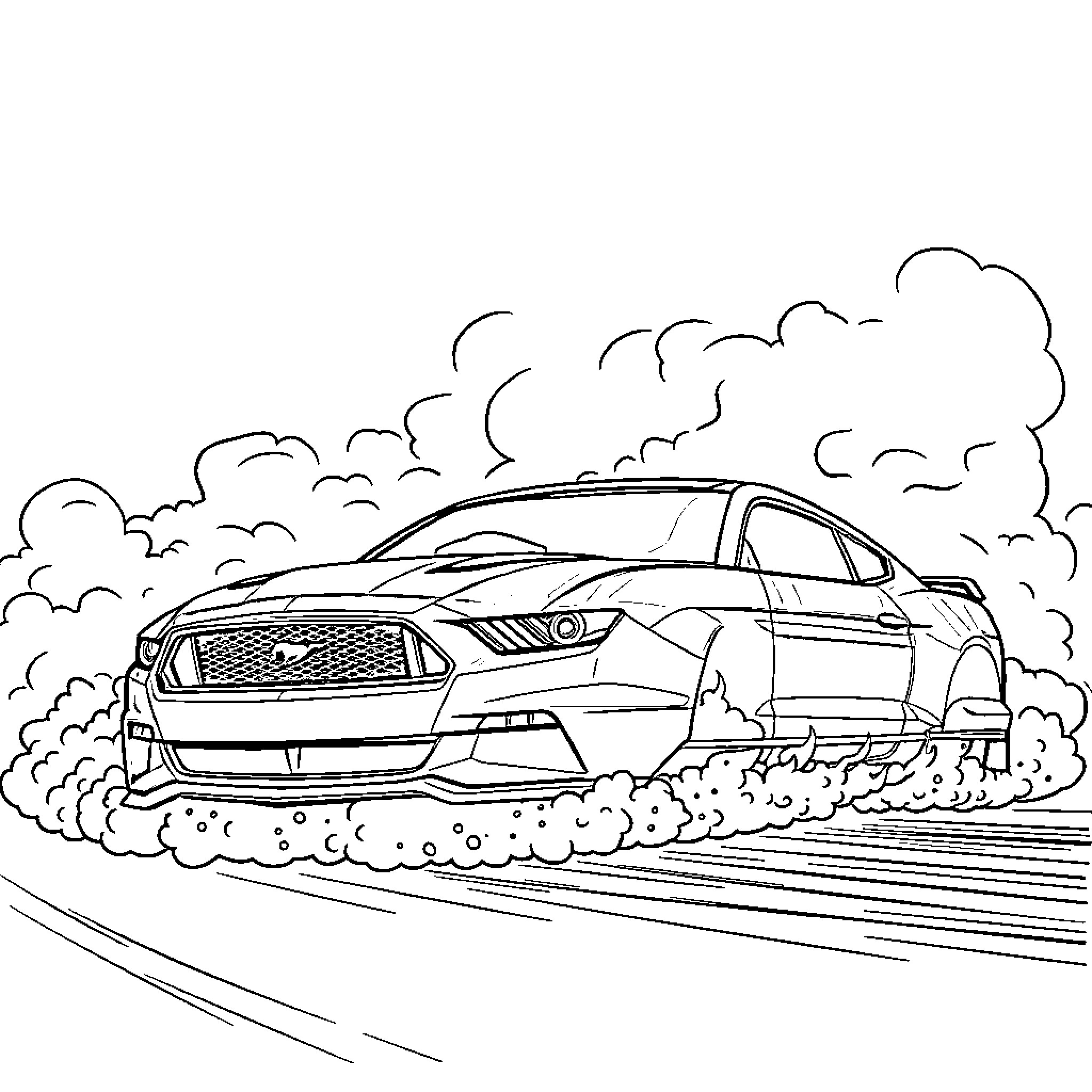 Mustang racing through the cloudy streets Coloring Page (free black-and-white line drawing printable PDF for all, from beginners to advanced learners, including children, teens, adults, and seniors)
