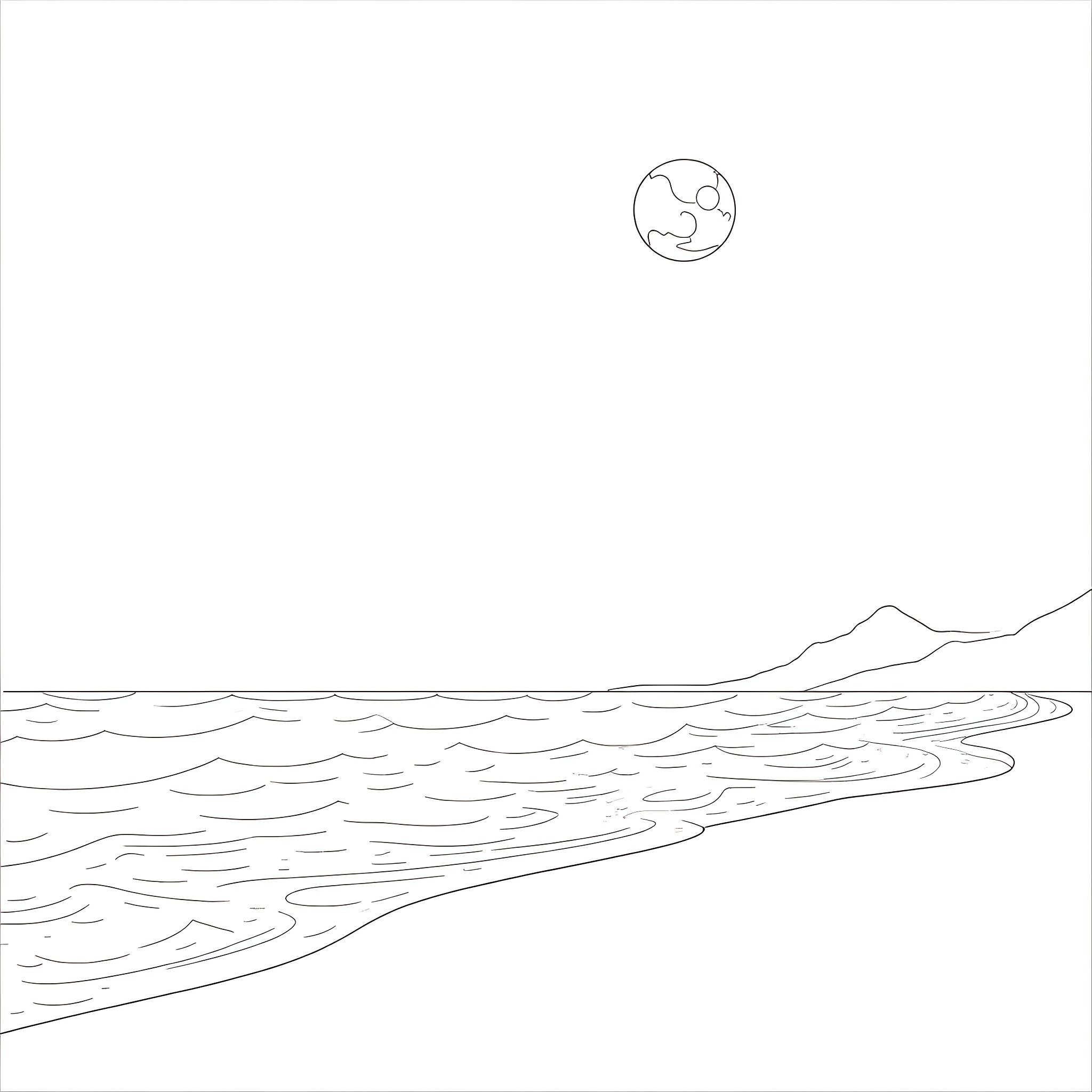 Beach scene with waves and moon Coloring Page (free black-and-white line drawing printable PDF for all, from beginners to advanced learners, including children, teens, adults, and seniors)