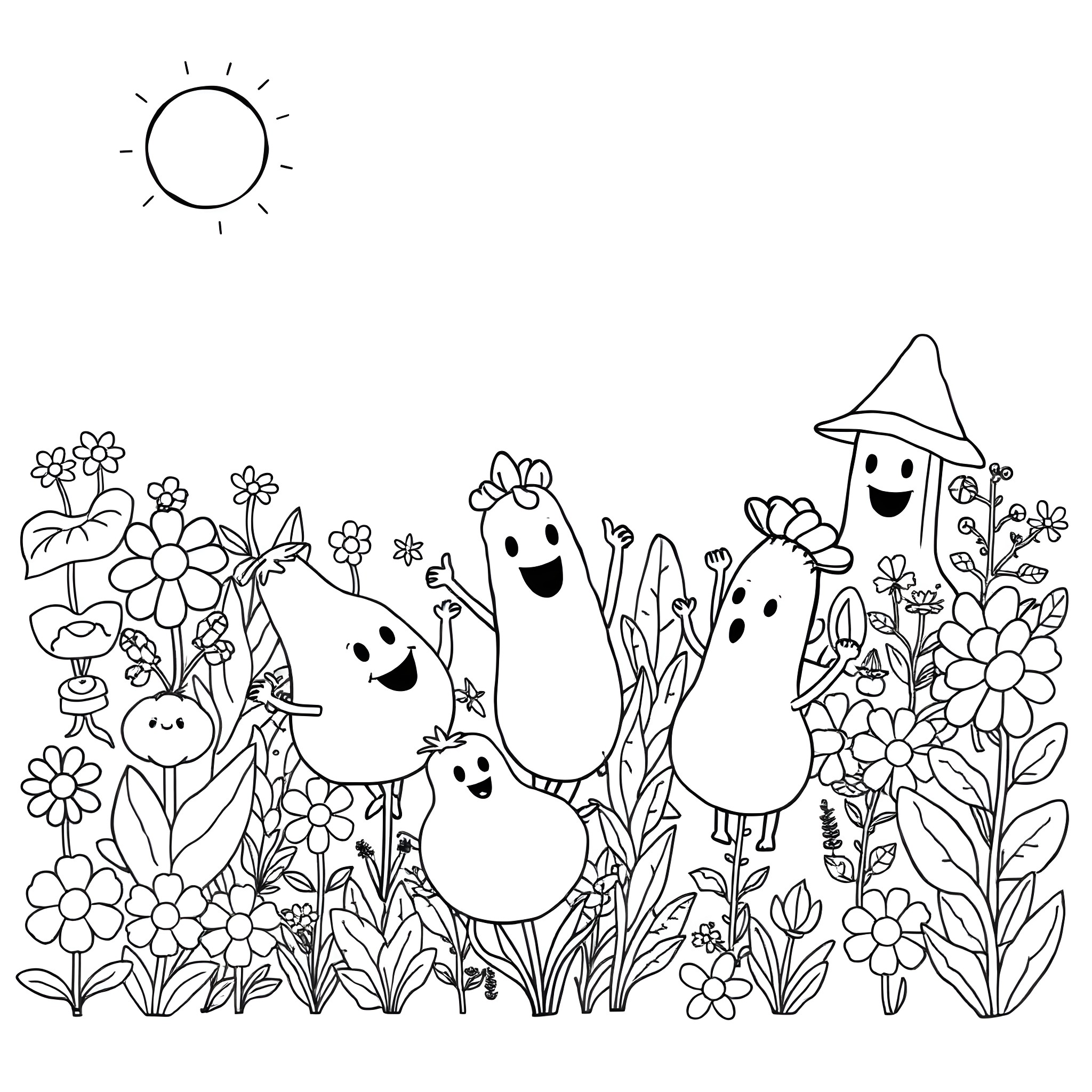 VeggieTales characters playing in a garden Coloring Page (free black-and-white line drawing printable PDF for all, from beginners to advanced learners, including children, teens, adults, and seniors)