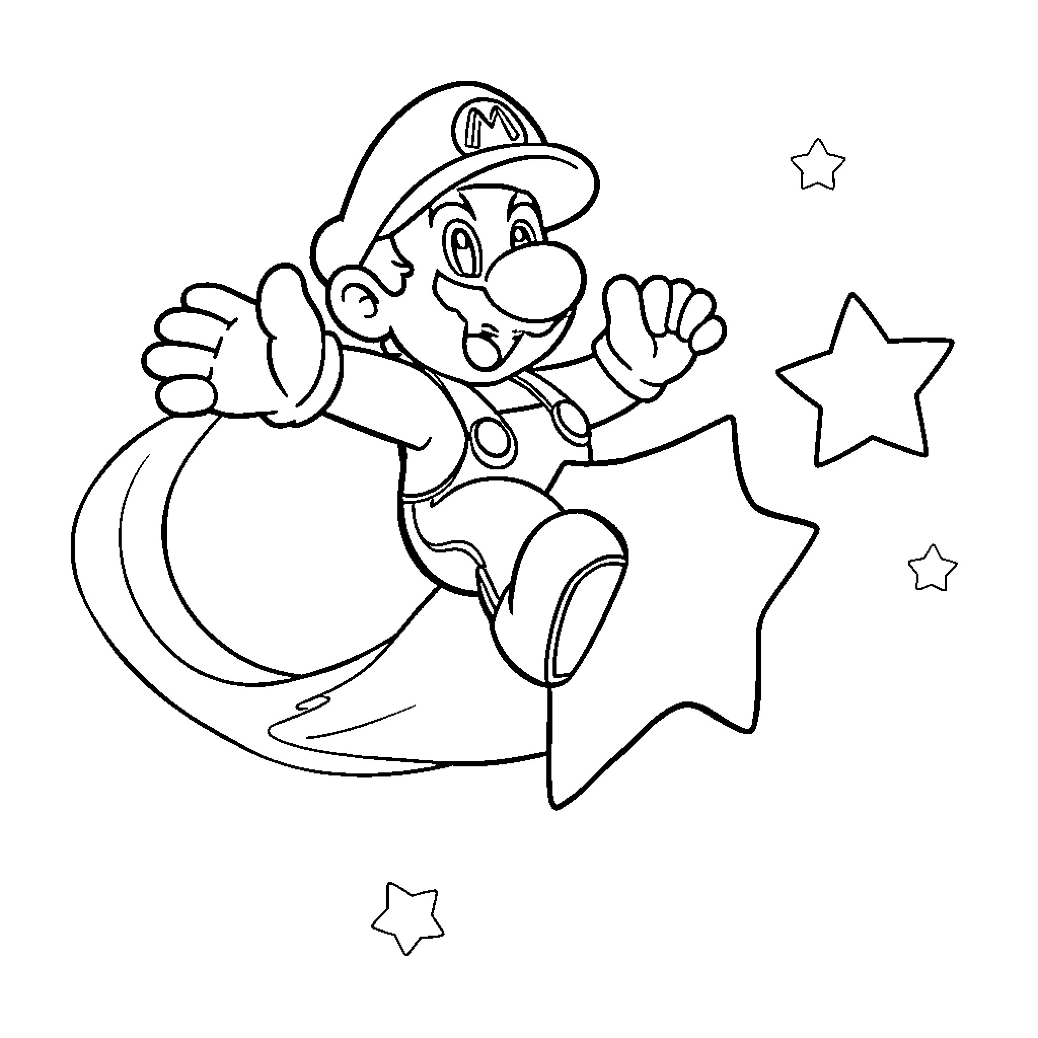 Mario leaping excitedly with stars Coloring Page (free black-and-white line drawing printable PDF for all, from beginners to advanced learners, including children, teens, adults, and seniors)