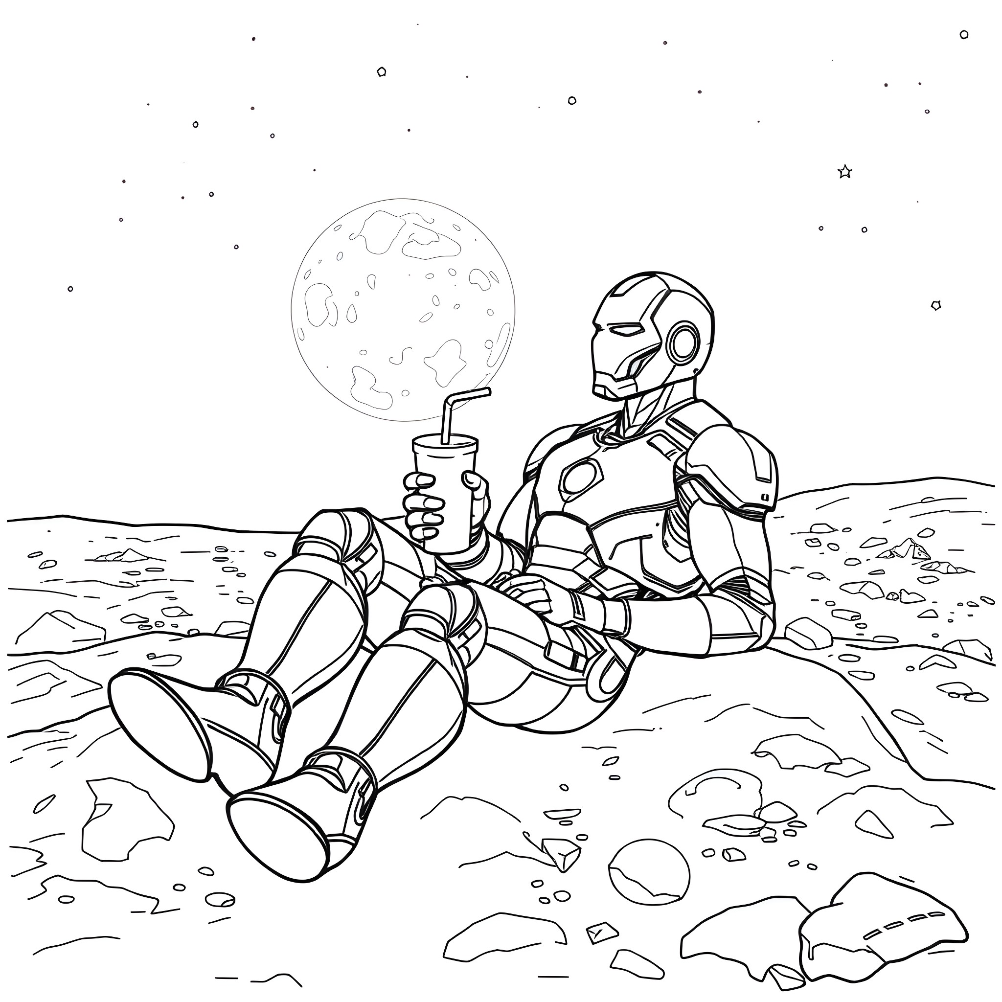 Iron Man relaxing on the moon Coloring Page (free black-and-white line drawing printable PDF for all, from beginners to advanced learners, including children, teens, adults, and seniors)