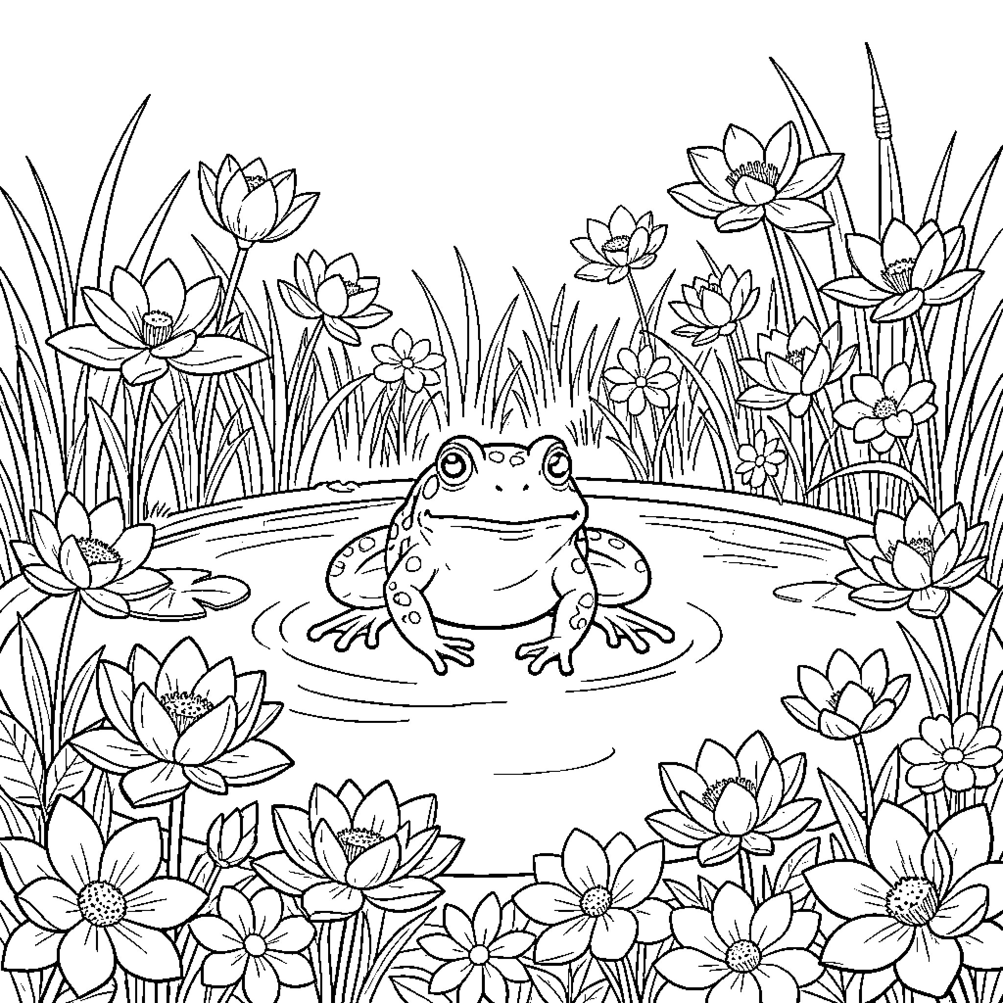 Frog resting amidst a floral pond scene Coloring Page (free black-and-white line drawing printable PDF for all, from beginners to advanced learners, including children, teens, adults, and seniors)