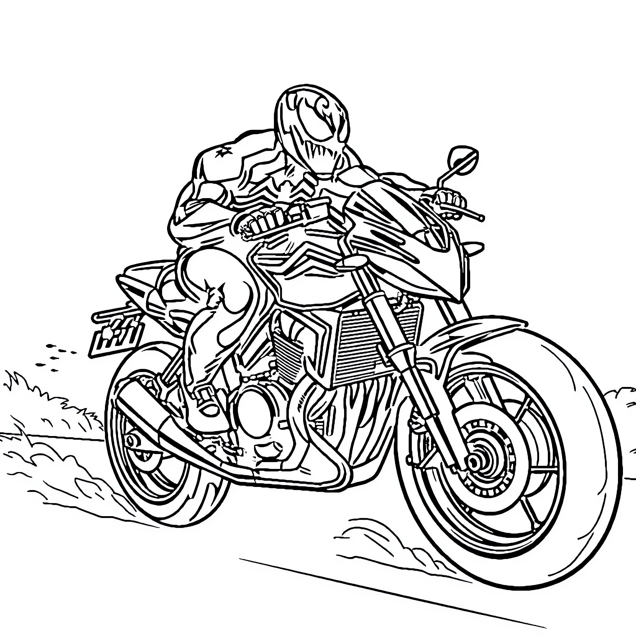 Venom riding a powerful motorcycle through the city Coloring Page (free black-and-white line drawing printable PDF for all, from beginners to advanced learners, including children, teens, adults, and seniors)