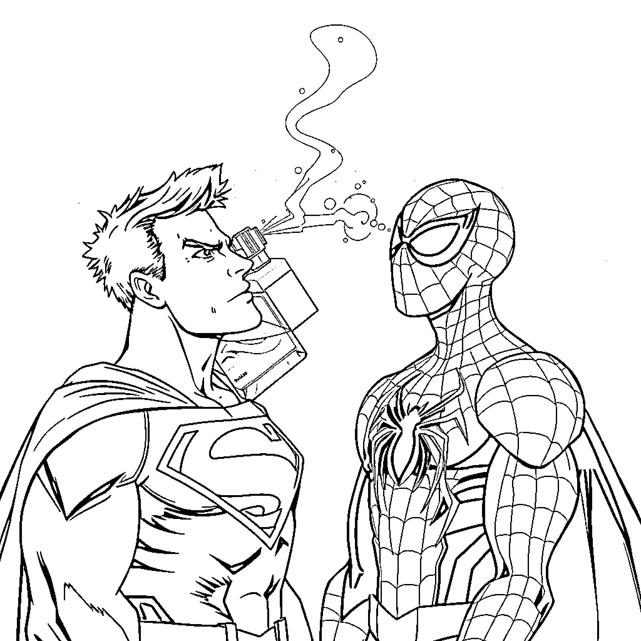 Superman and Spider-Man in an intense confrontation Coloring Page (free black-and-white line drawing printable PDF for all, from beginners to advanced learners, including children, teens, adults, and seniors)