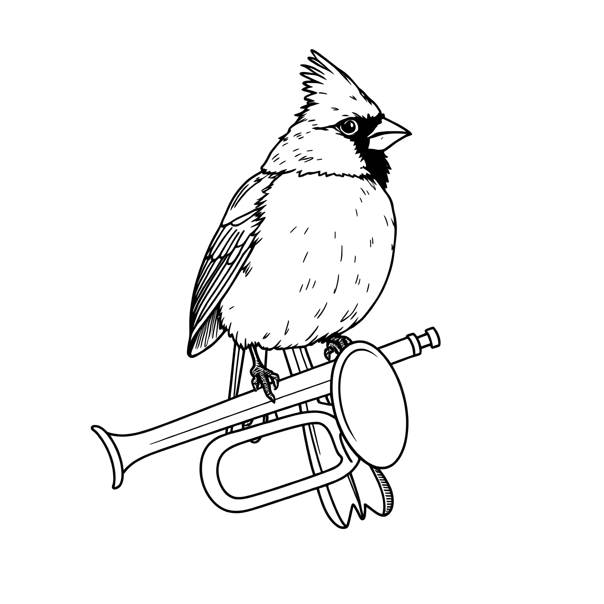 Cardinal playing with musical instrument Coloring Page (free black-and-white line drawing printable PDF for all, from beginners to advanced learners, including children, teens, adults, and seniors)