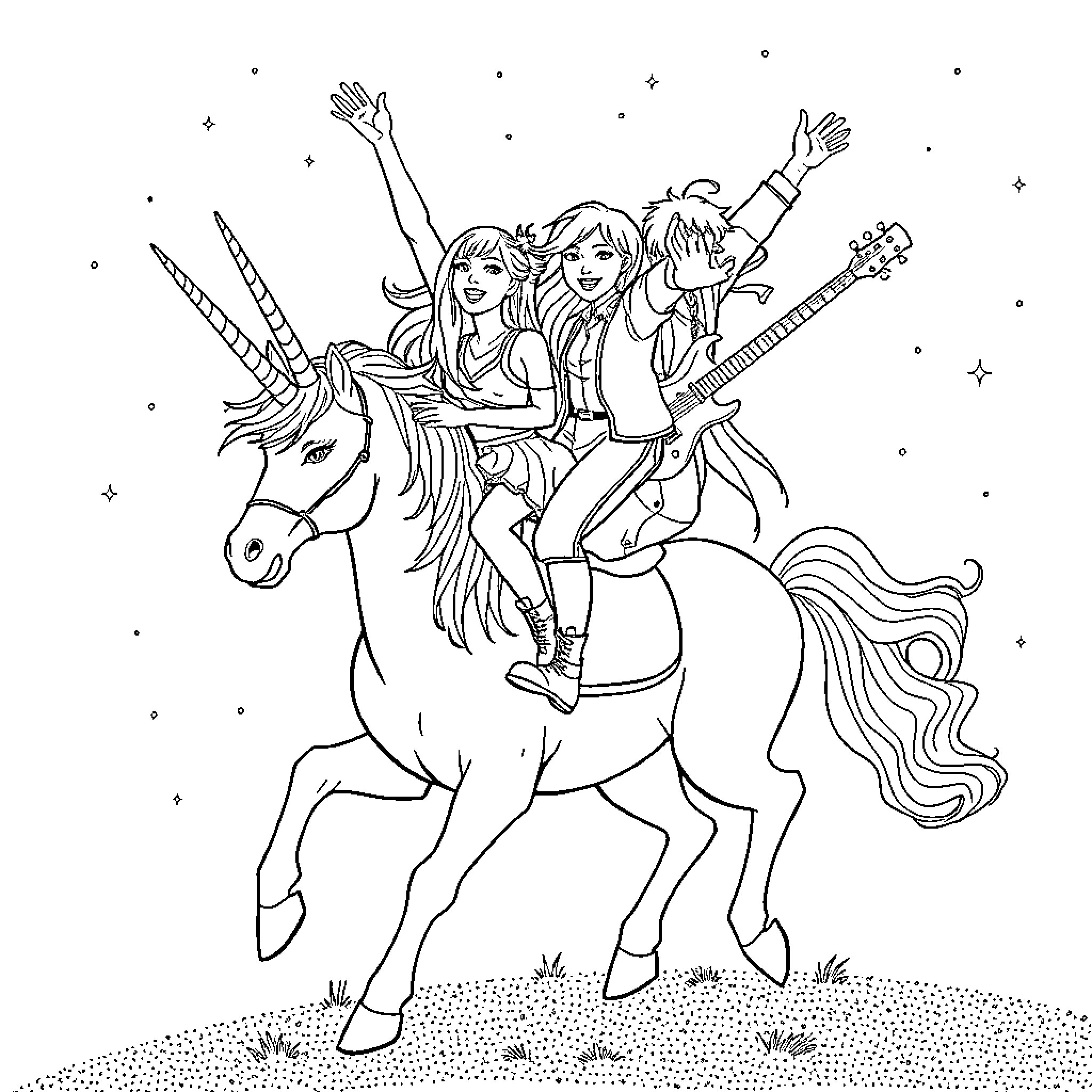 K Pop Girl Band Riding Unicorn on Starry Night Coloring Page (free black-and-white line drawing printable PDF for all, from beginners to advanced learners, including children, teens, adults, and seniors)