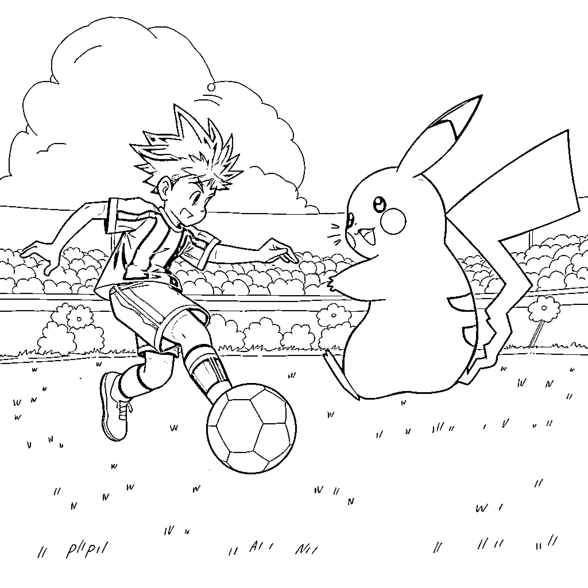 Aryon's Playful Soccer Match with Pikachu Coloring Page (free black-and-white line drawing printable PDF for all, from beginners to advanced learners, including children, teens, adults, and seniors)