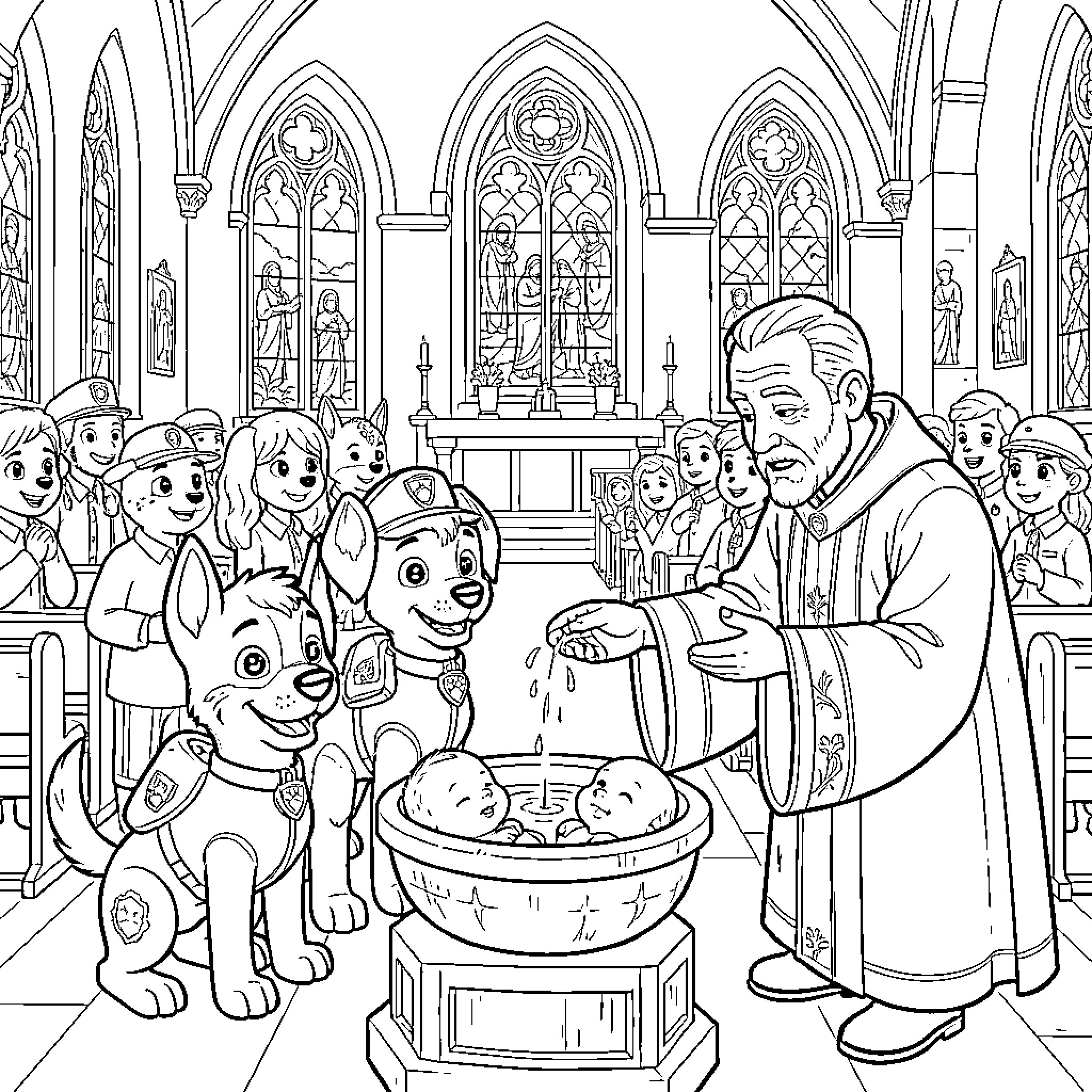 Paw Patrol characters observing a baptism ceremony in a church Coloring Page (free black-and-white line drawing printable PDF for all, from beginners to advanced learners, including children, teens, adults, and seniors)