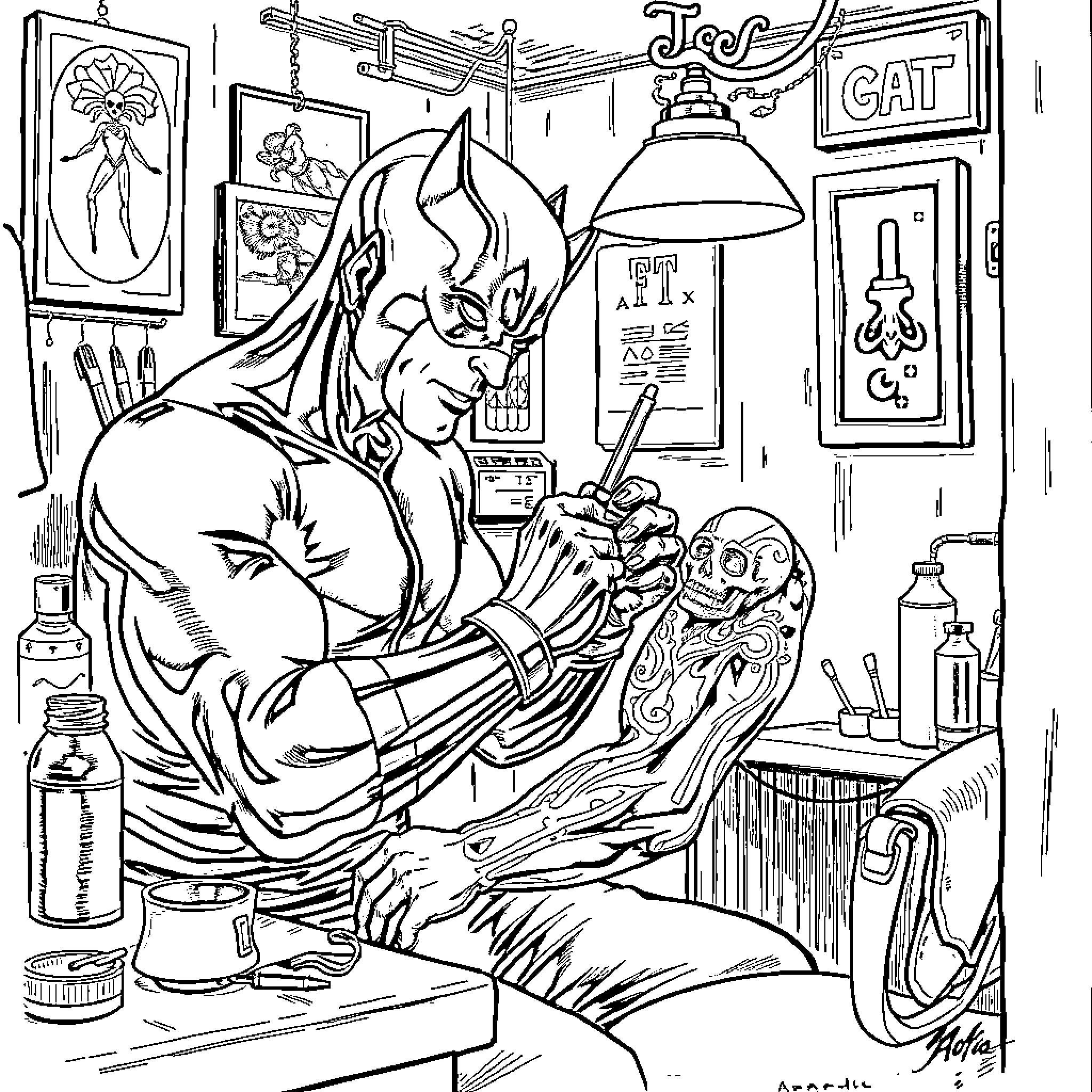 Daredevil undertaking a dangerous tattoo session Coloring Page (free black-and-white line drawing printable PDF for all, from beginners to advanced learners, including children, teens, adults, and seniors)