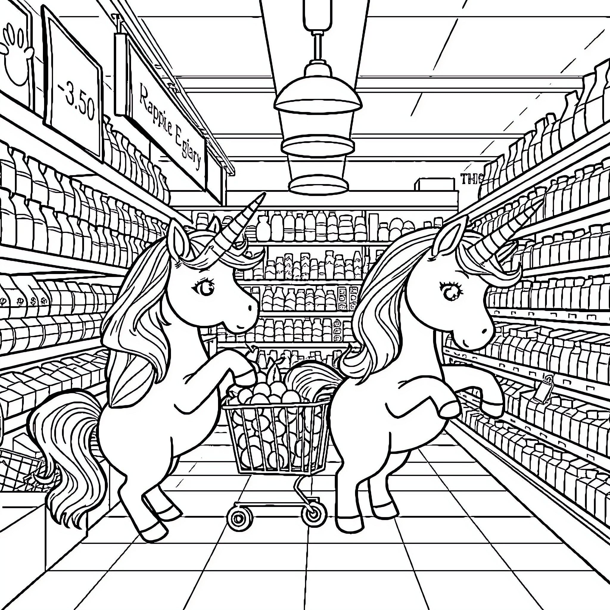 Unicorn Companions Shopping in the Grocery Store Coloring Page (free black-and-white line drawing printable PDF for all, from beginners to advanced learners, including children, teens, adults, and seniors)