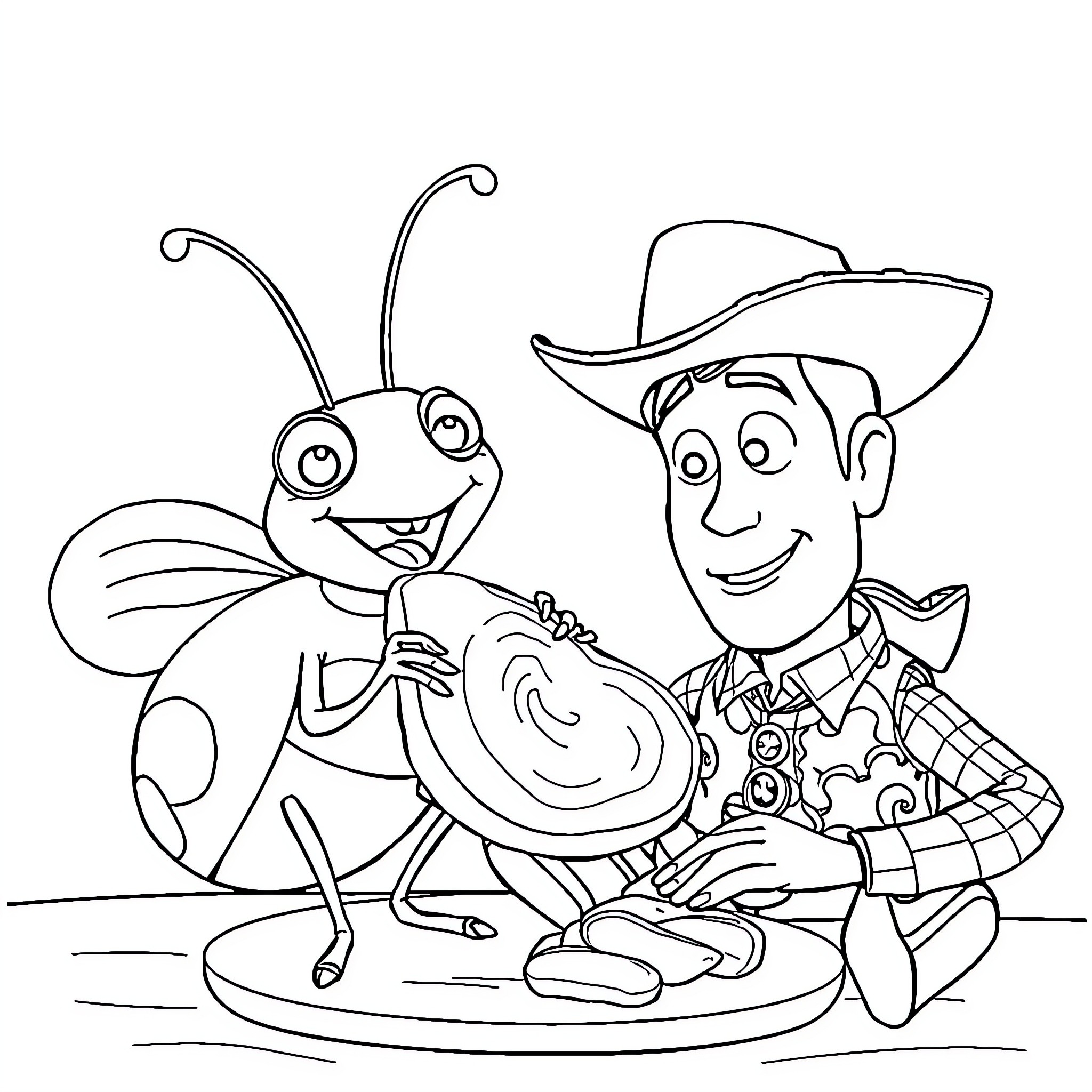 Bug and Cowboy Friend having an adventure Coloring Page (free black-and-white line drawing printable PDF for all, from beginners to advanced learners, including children, teens, adults, and seniors)