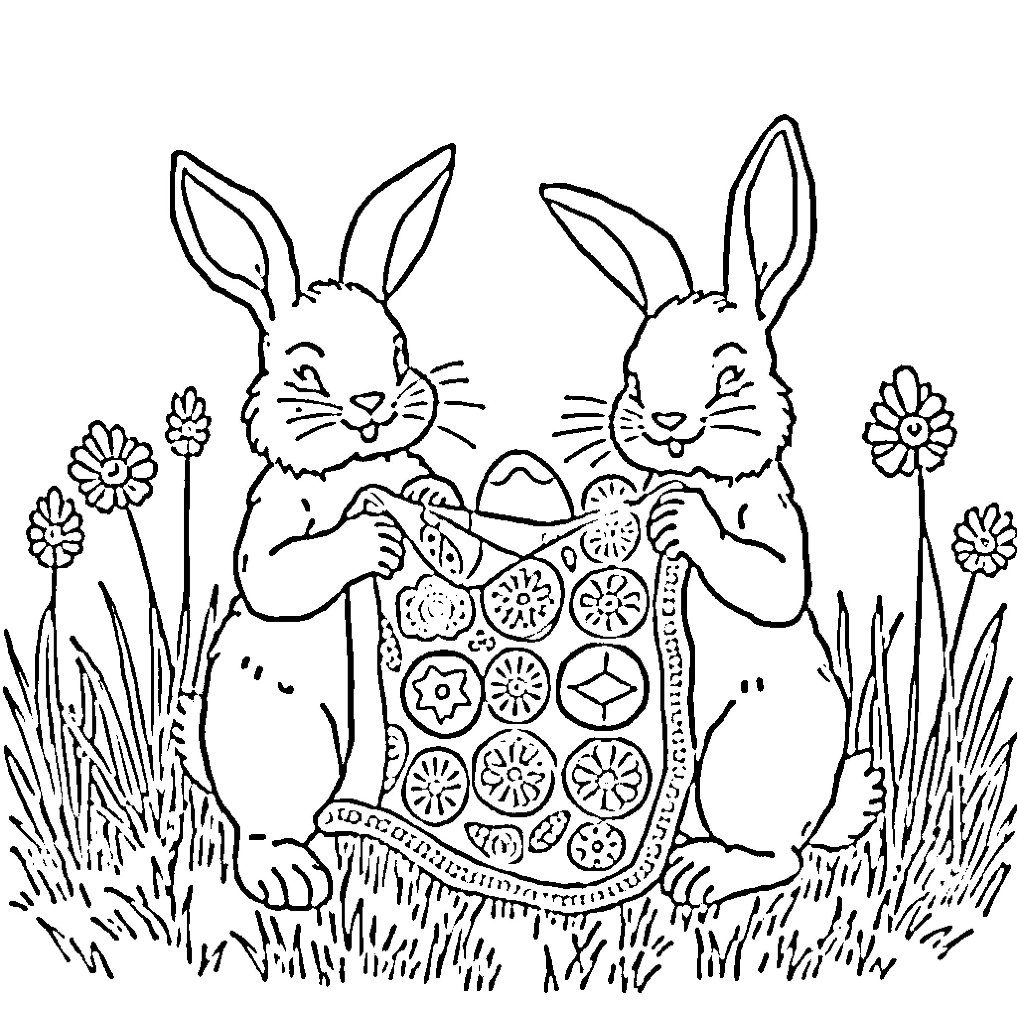 Rabbits holding Easter eggs in a flowery field Coloring Page (free black-and-white line drawing printable PDF for all, from beginners to advanced learners, including children, teens, adults, and seniors)