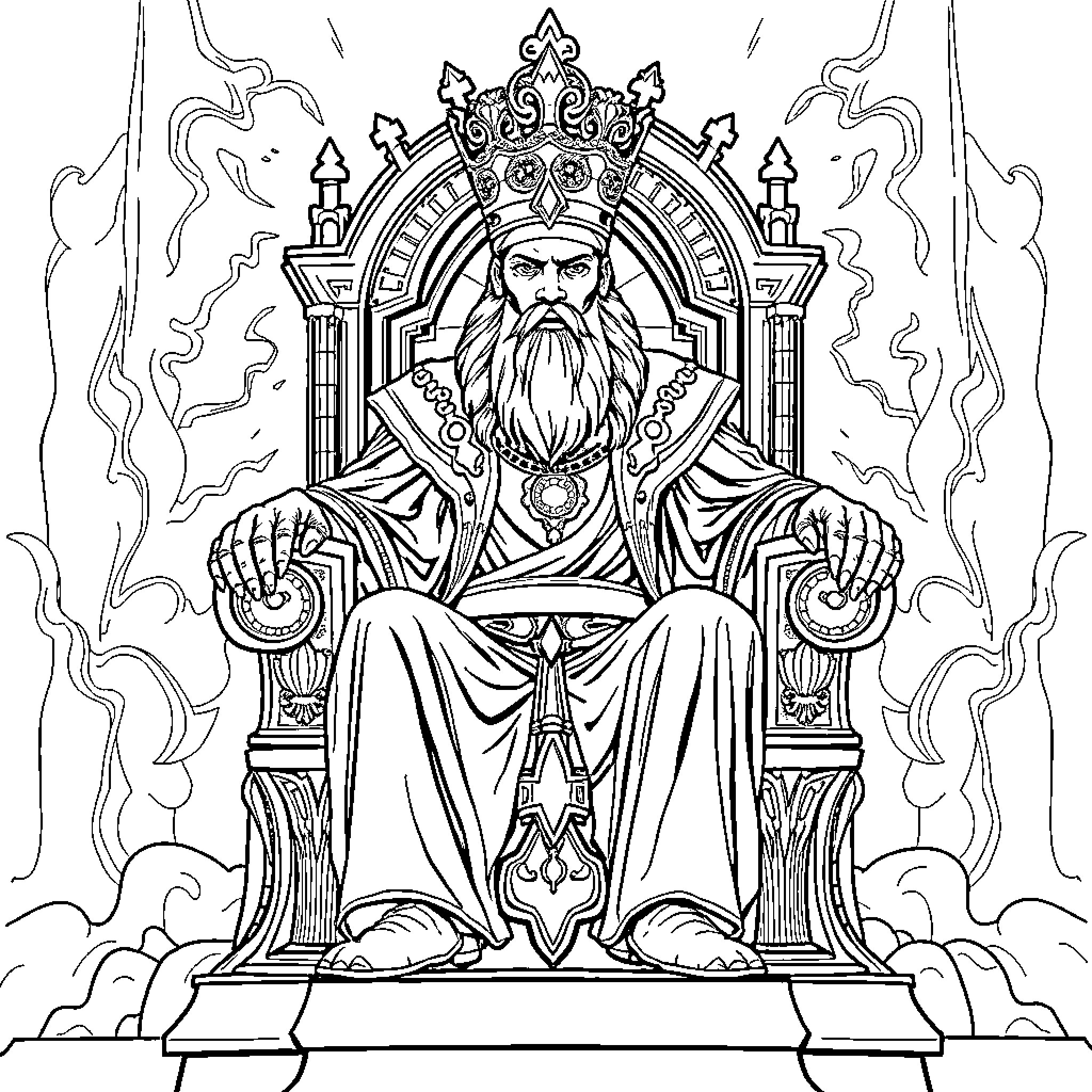 King seated on an ornate throne Coloring Page (free black-and-white line drawing printable PDF for all, from beginners to advanced learners, including children, teens, adults, and seniors)