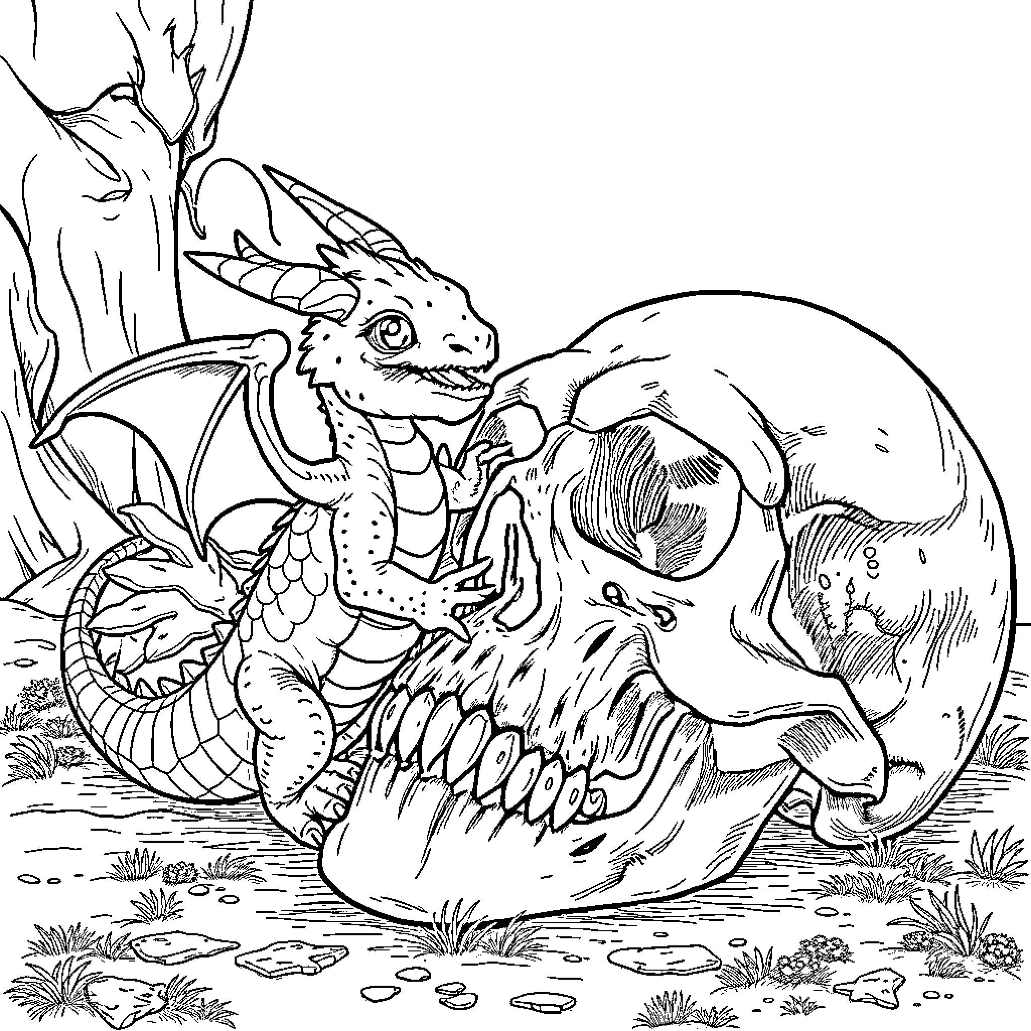 Dragon hatchling emerging from skull-like fossil Coloring Page (free black-and-white line drawing printable PDF for all, from beginners to advanced learners, including children, teens, adults, and seniors)