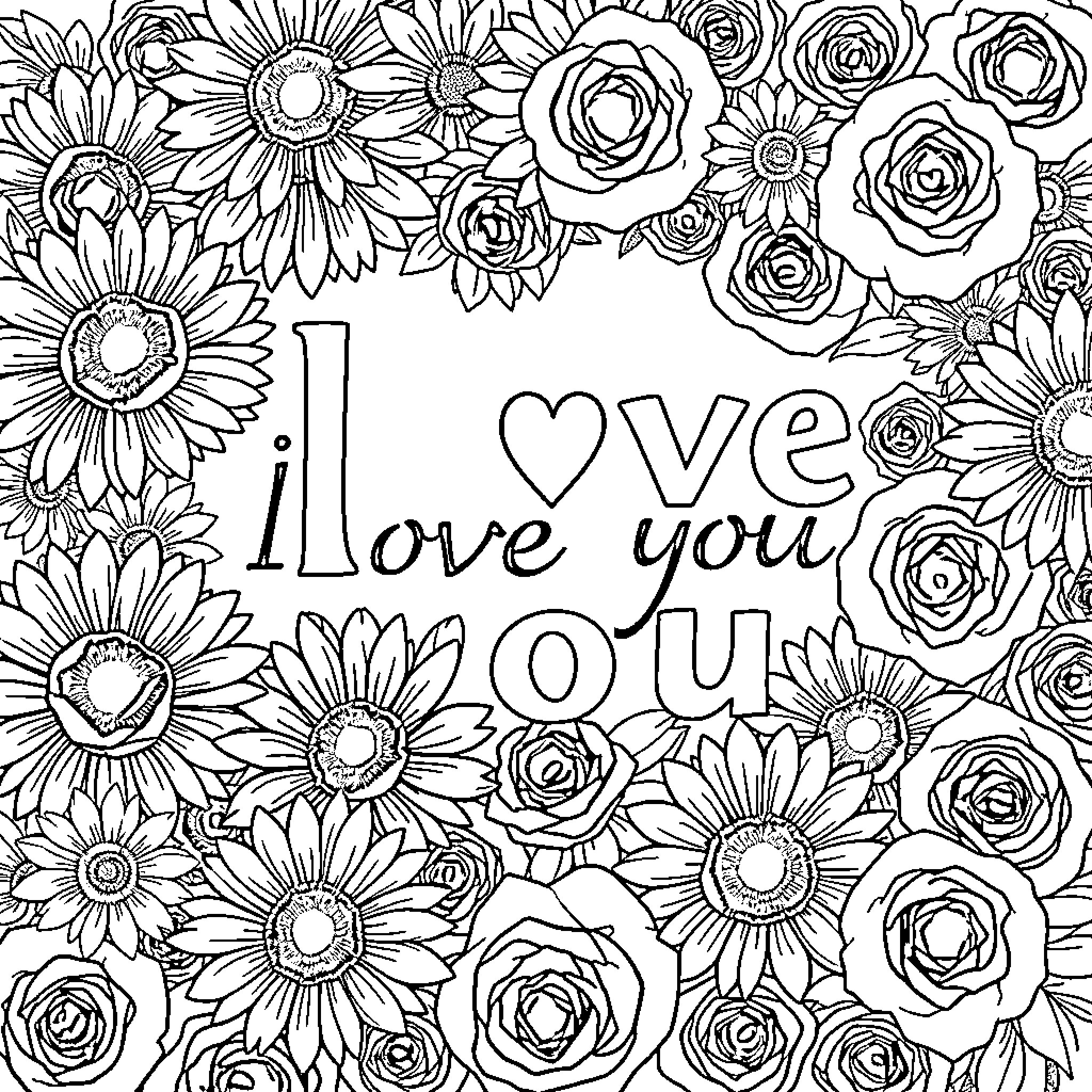 Sunflower Love and Floral Arrangement Coloring Page (free black-and-white line drawing printable PDF for all, from beginners to advanced learners, including children, teens, adults, and seniors)