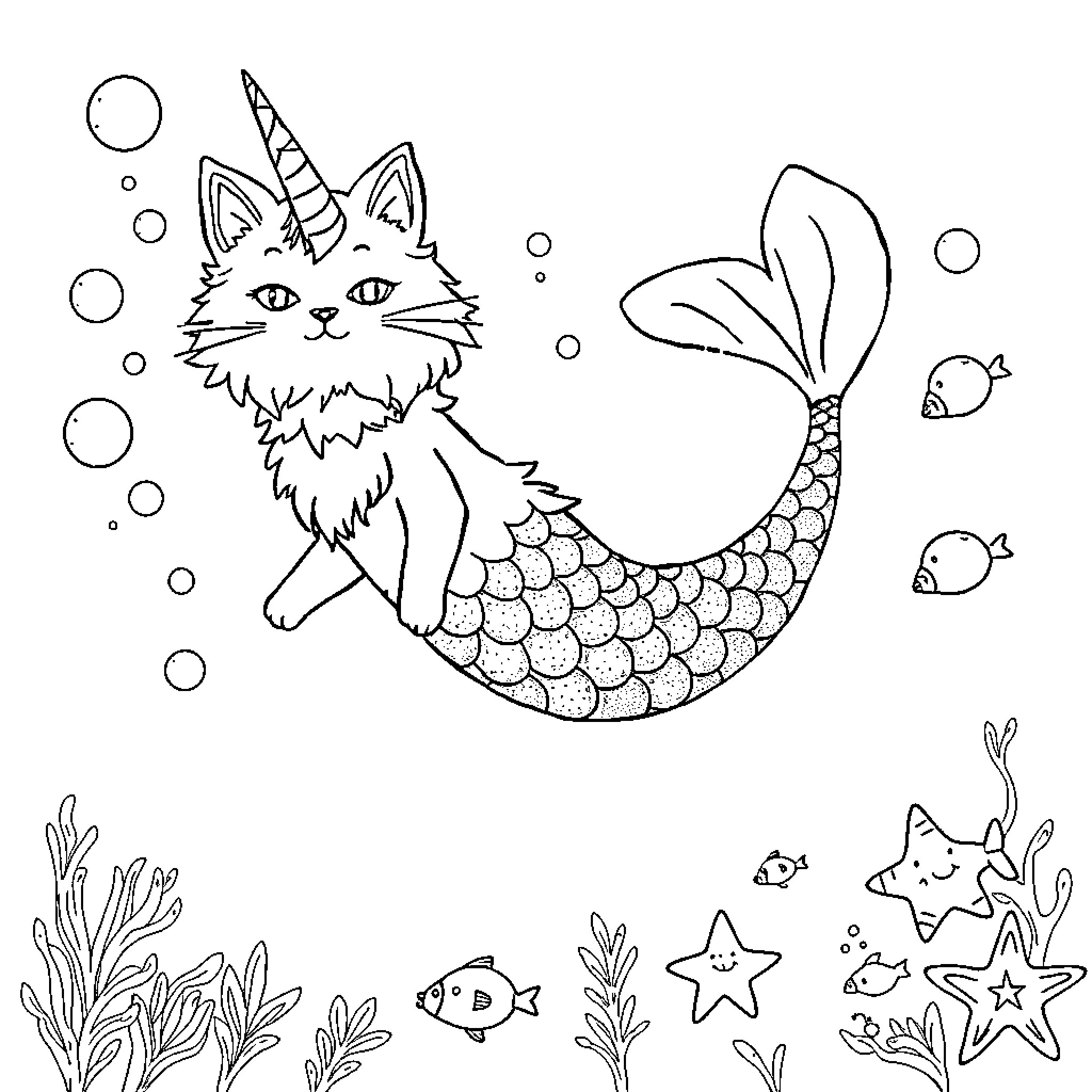 Cat Mermaid Swims Playfully in the Underwater World Coloring Page (free black-and-white line drawing printable PDF for all, from beginners to advanced learners, including children, teens, adults, and seniors)