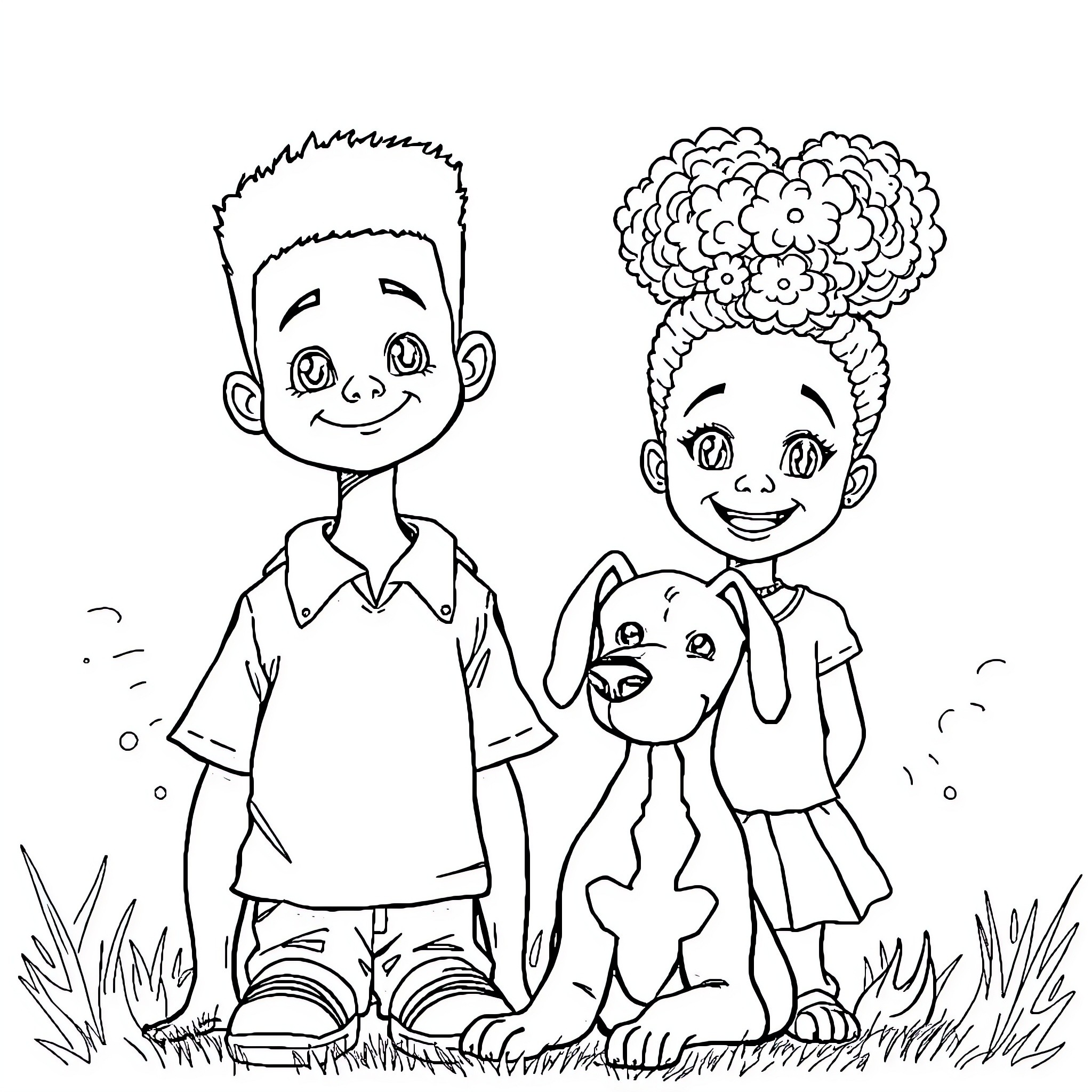 Boy and girl playing with pet in the park Coloring Page (free black-and-white line drawing printable PDF for all, from beginners to advanced learners, including children, teens, adults, and seniors)